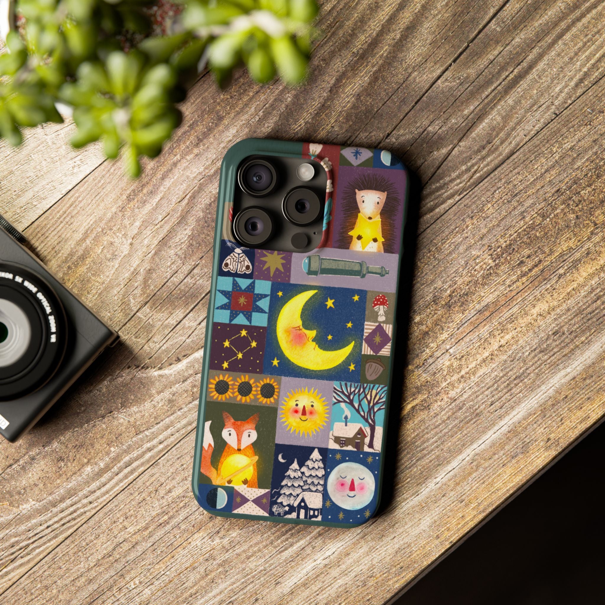Celestial Quilt iPhone Case, Folk Art Moon Sun Fox Case, Nature Patchwork Cover, Cute Stellar Design, iPhone 7 8 X XR XS 11 12 13 14 15 16