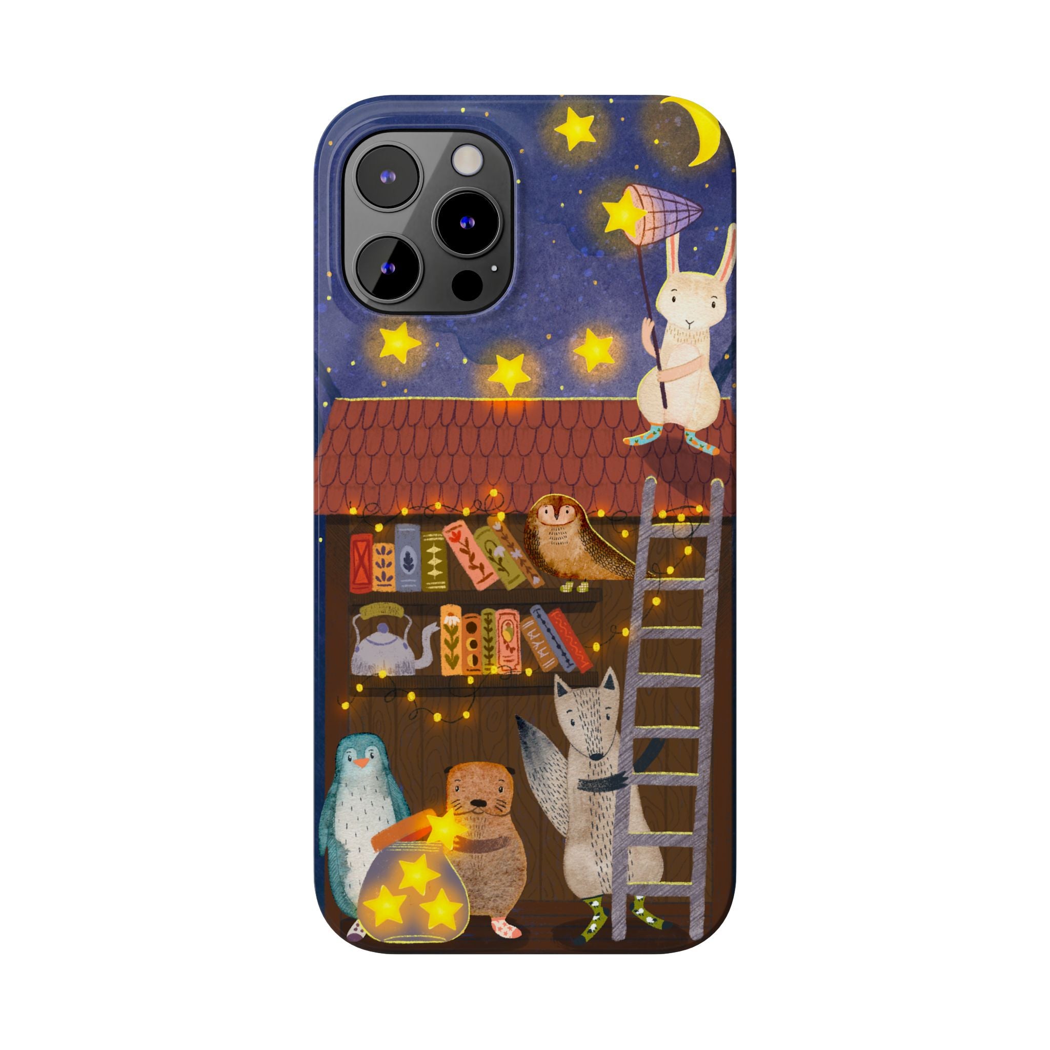 Starlit Library Phone Case, Woodland Animals iPhone Case, Cozy Night Scene Cover, Cute Animals Case Gift, iPhone 7 8 X XR 11 12 13 14 15 16