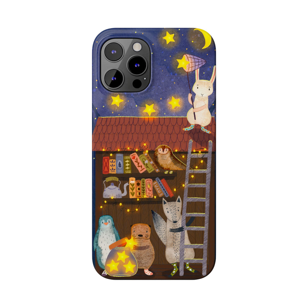 Starlit Library Phone Case, Woodland Animals iPhone Case, Cozy Night Scene Cover, Cute Animals Case Gift, iPhone 7 8 X XR 11 12 13 14 15 16