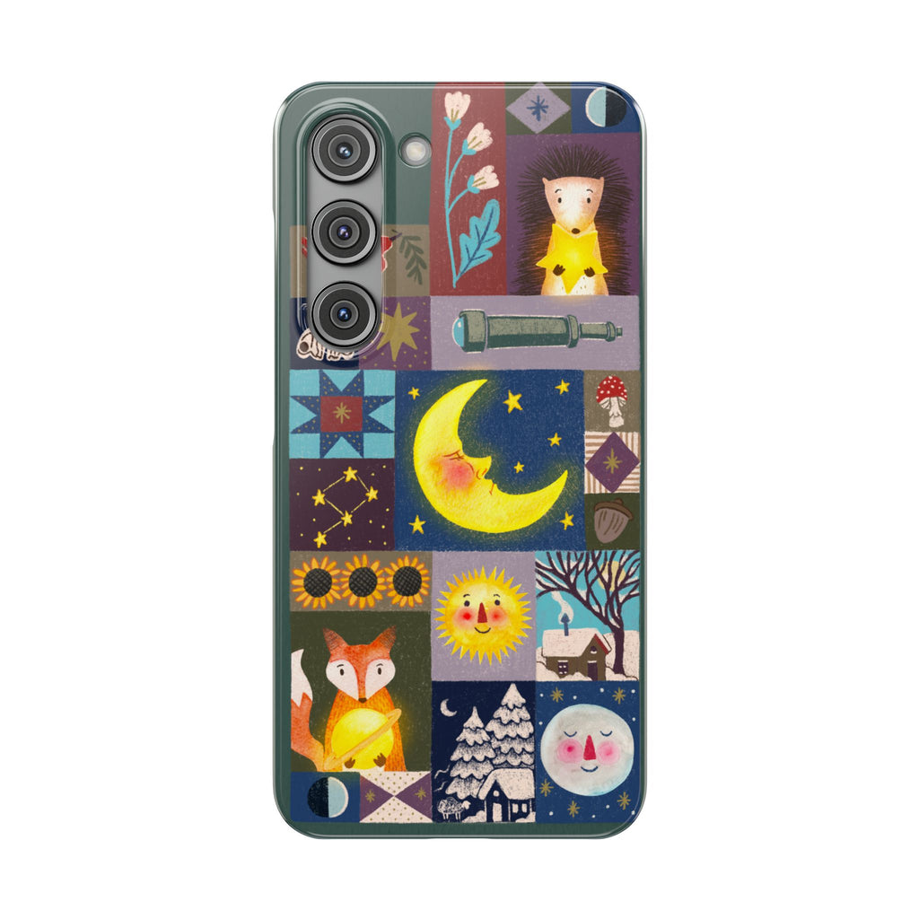 Celestial Quilt iPhone Case, Folk Art Moon Sun Fox Case, Nature Patchwork Cover, Cute Stellar Design, iPhone 7 8 X XR XS 11 12 13 14 15 16