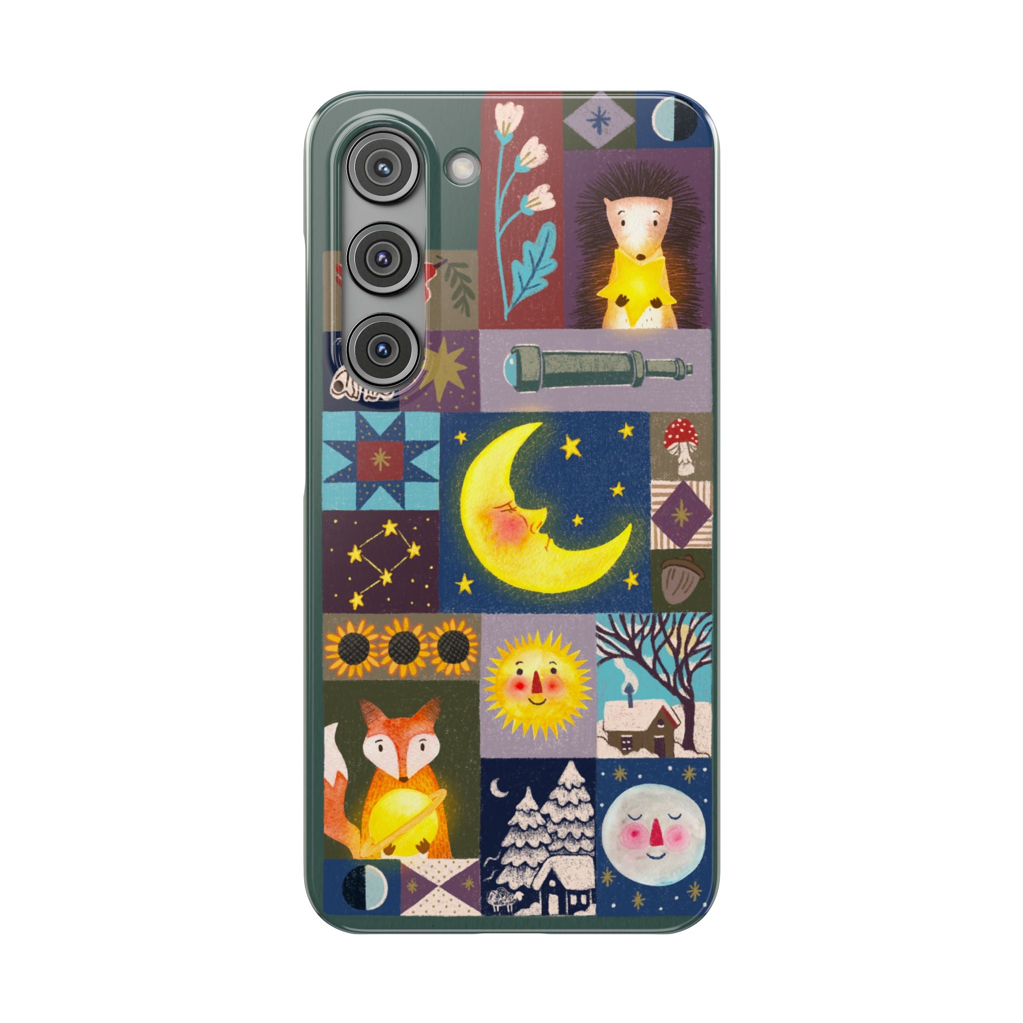 Celestial Quilt iPhone Case, Folk Art Moon Sun Fox Case, Nature Patchwork Cover, Cute Stellar Design, iPhone 7 8 X XR XS 11 12 13 14 15 16
