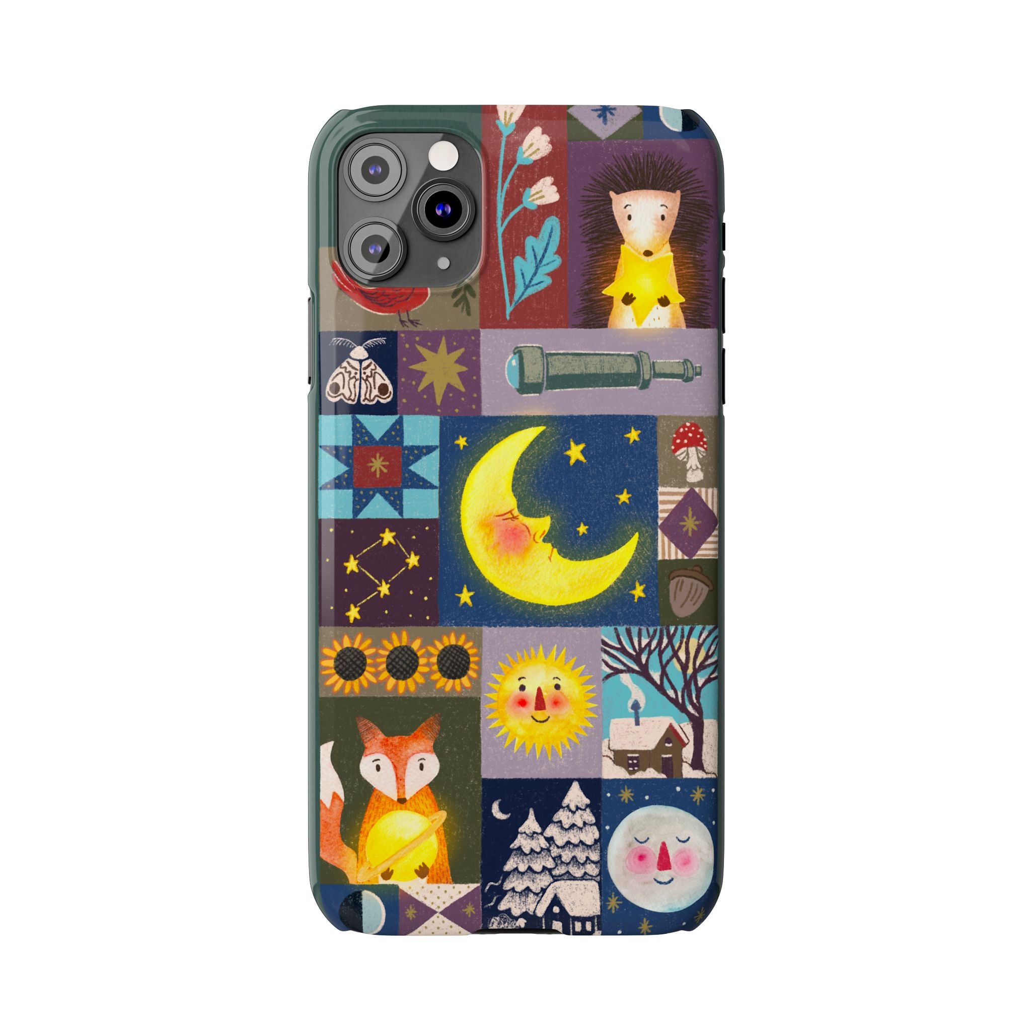 Celestial Quilt iPhone Case, Folk Art Moon Sun Fox Case, Nature Patchwork Cover, Cute Stellar Design, iPhone 7 8 X XR XS 11 12 13 14 15 16
