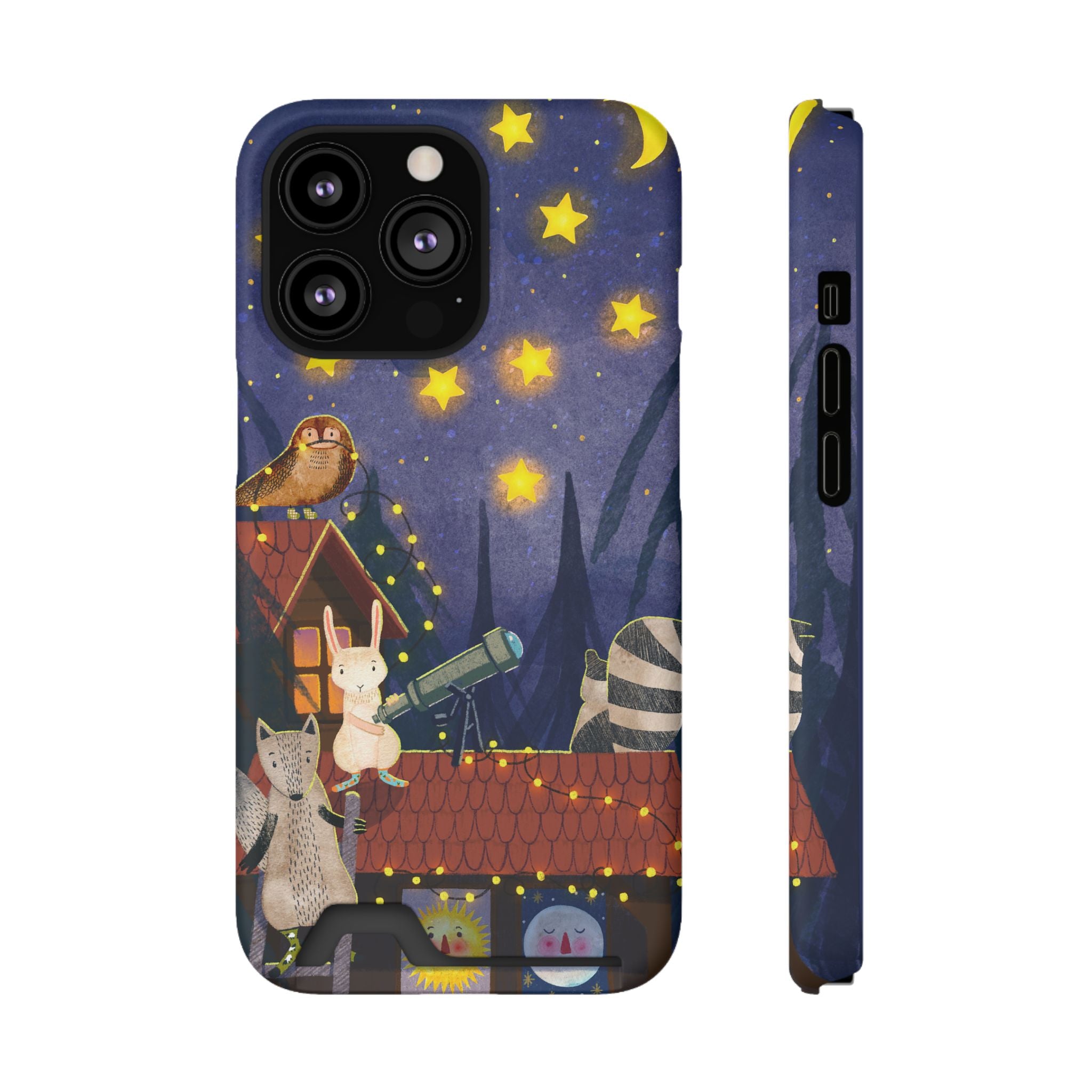 Stargazing Animals Phone Case With Card Holder - Cute Animal Design for Kids, Gift for Urban Explorers, Night Sky Vibes, Fun Accessory