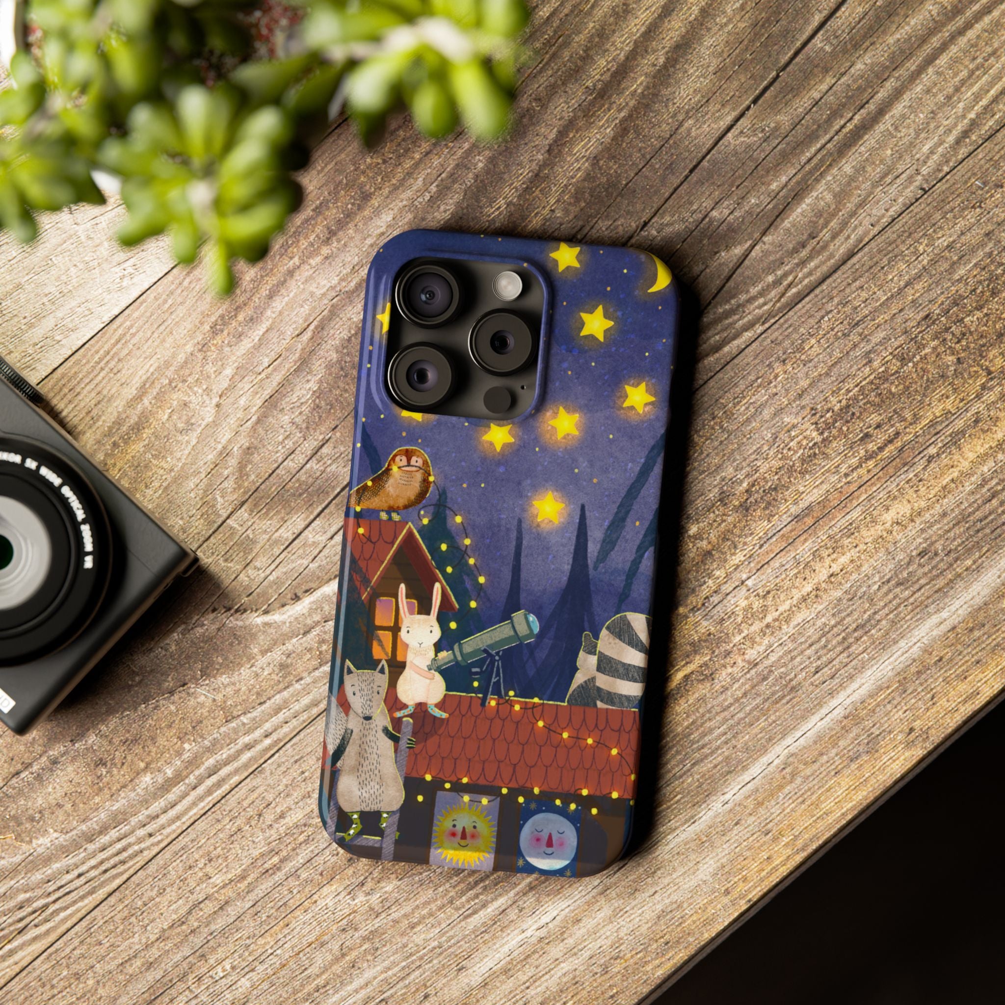 Stargazing Animals Slim iPhone Case, Night Sky Observatory Cover, Cute Forest Gift, Starry Night Gift, iPhone 16 15 14 13 12 11 X XR XS 8 7