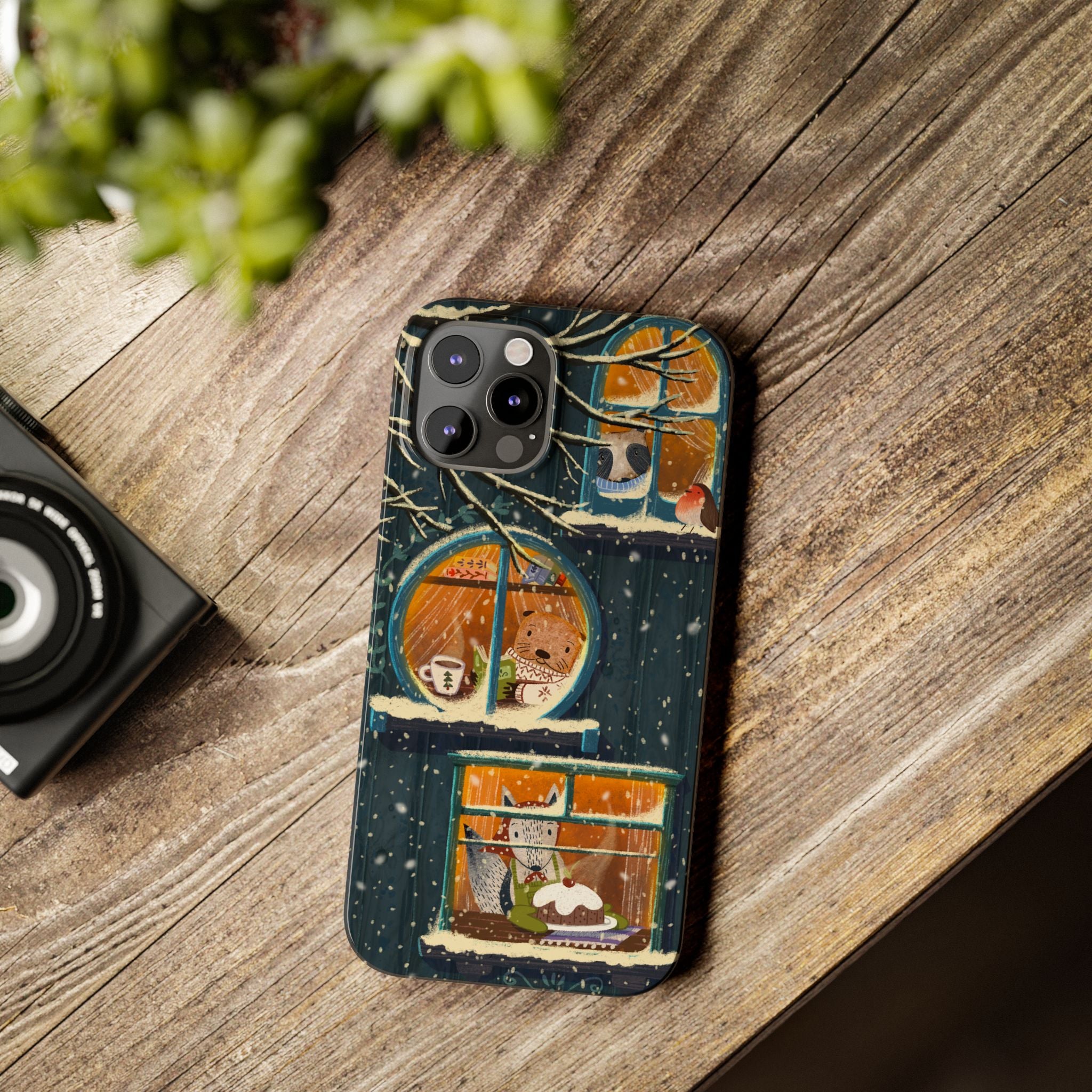 Cute Winter Animals Cozy Home iPhone Case, Woodland Cottage Cover, Treehouse at Night, Raccoon Bear Fox, iPhone 16 15 14 13 12 11 X XR 8 7