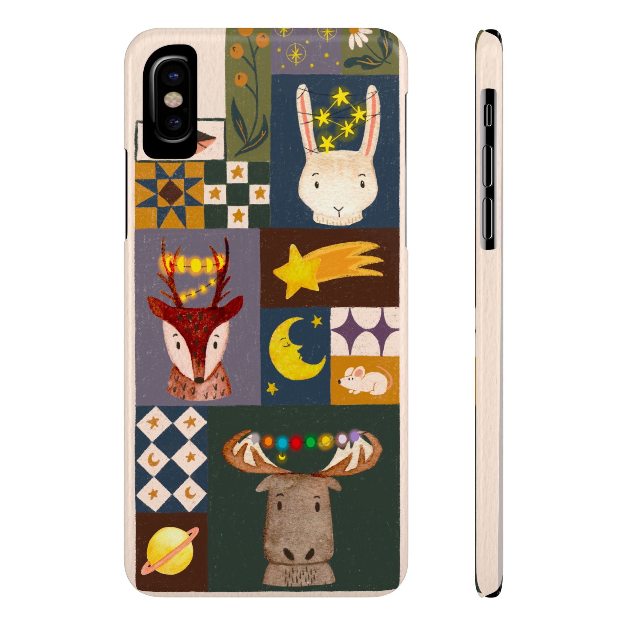 Holiday Night Sky Slim Case, Cute Forest Creatures iPhone Cover, Bunny Deer Moose, iPhone 7 8 X XR XS 11 12 13 14 15 16