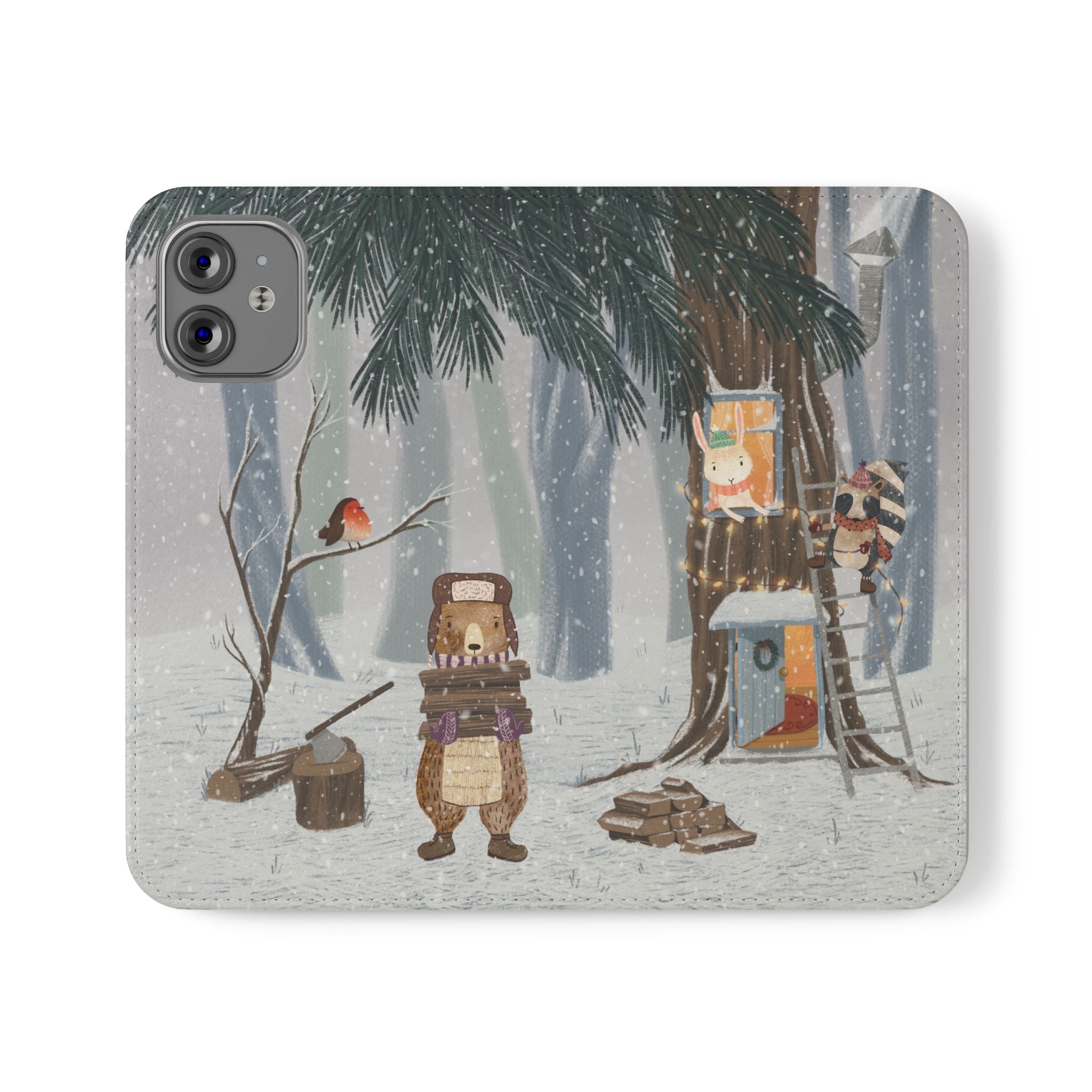 Winter Forest Friends Wallet Case, Woodland Flip Cover, Vegan Leather, Snowy Scene, Cozy Holiday, iPhone 11 12 13 14 15 16, Galaxy S21 S22