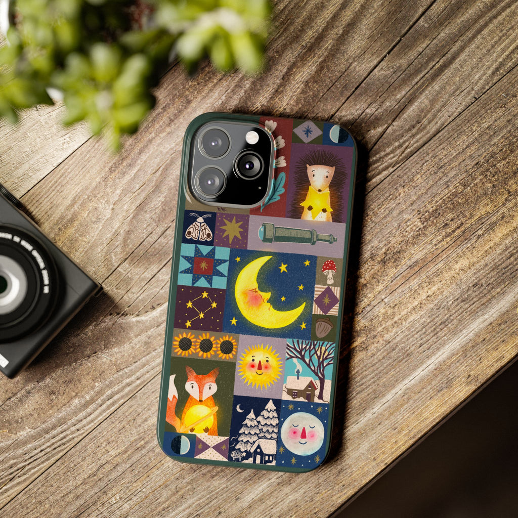 Celestial Quilt iPhone Case, Folk Art Moon Sun Fox Case, Nature Patchwork Cover, Cute Stellar Design, iPhone 7 8 X XR XS 11 12 13 14 15 16