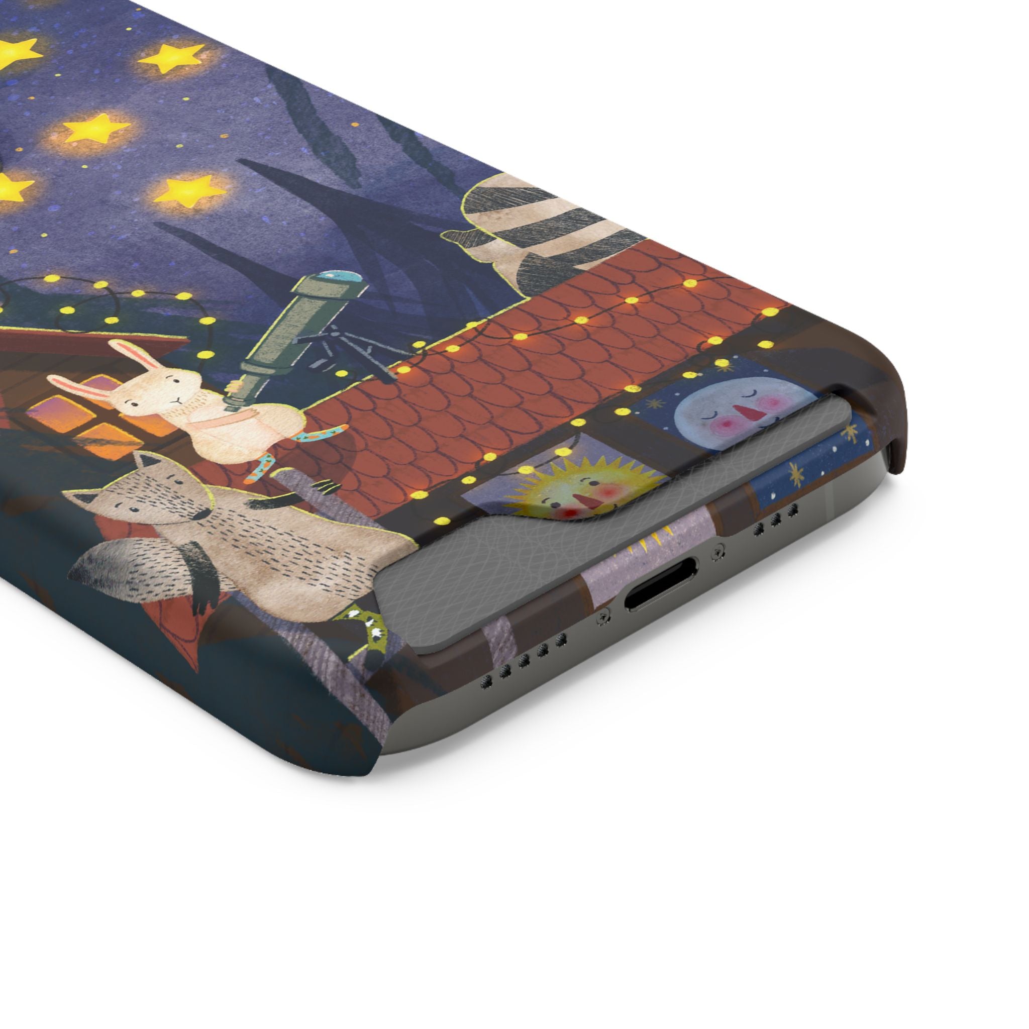 Stargazing Animals Phone Case With Card Holder - Cute Animal Design for Kids, Gift for Urban Explorers, Night Sky Vibes, Fun Accessory