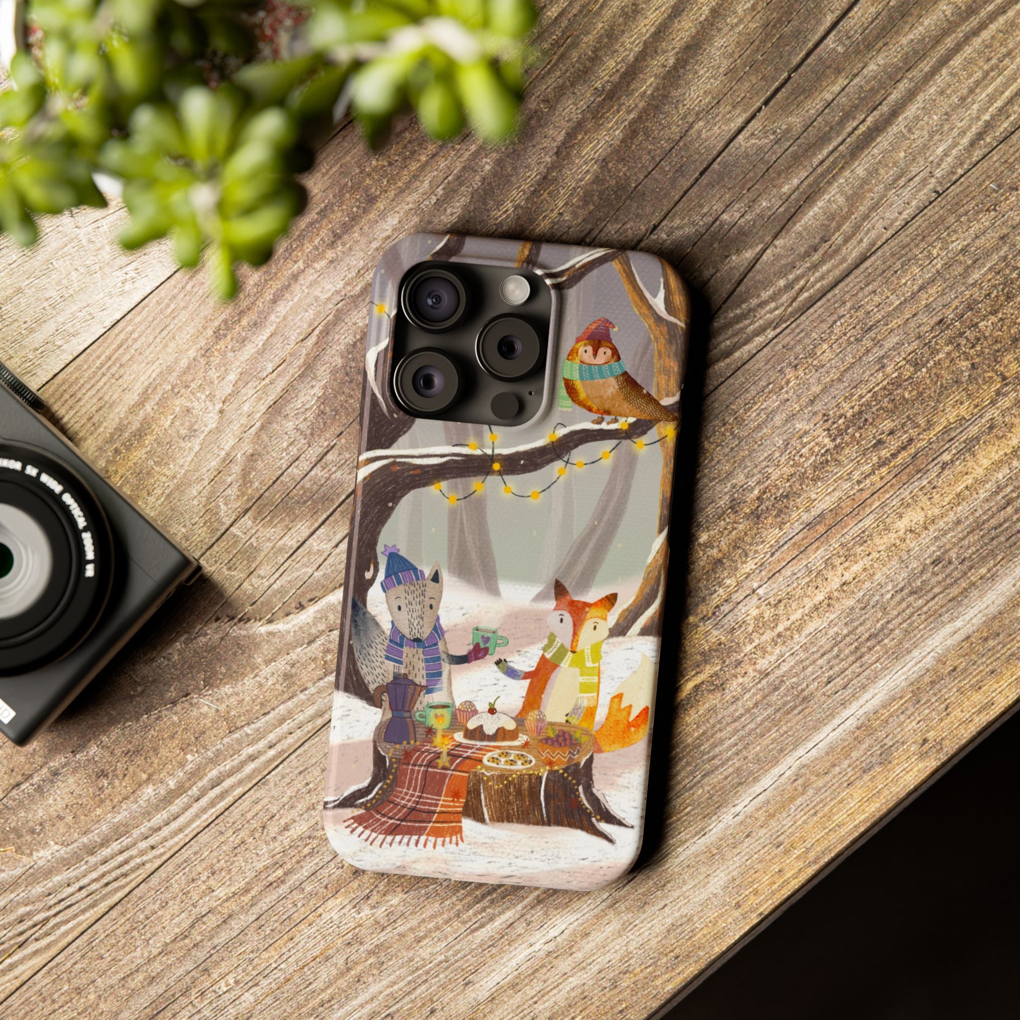Cozy Winter Animals Slim iPhone Case, Cute Fox & Owl Design, Winter Theme Holiday Gift, Cute Phone Cover Gift, iPhone 16 15 14 13 12 11 X XR