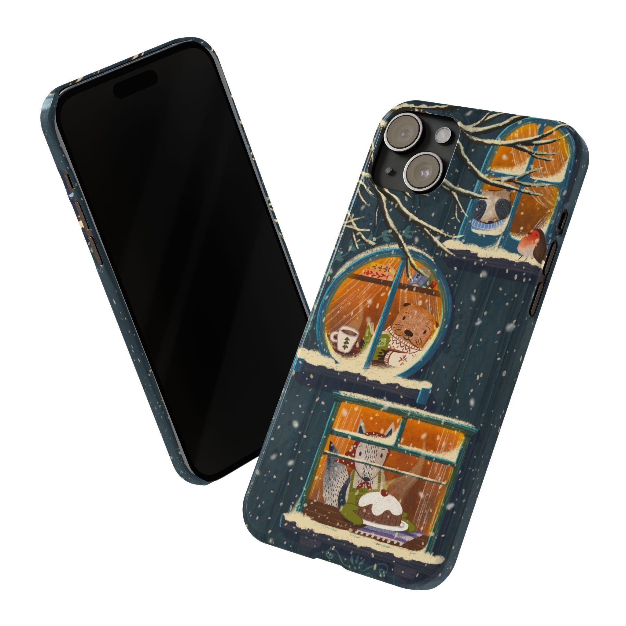 Cute Winter Animals Cozy Home iPhone Case, Woodland Cottage Cover, Treehouse at Night, Raccoon Bear Fox, iPhone 16 15 14 13 12 11 X XR 8 7
