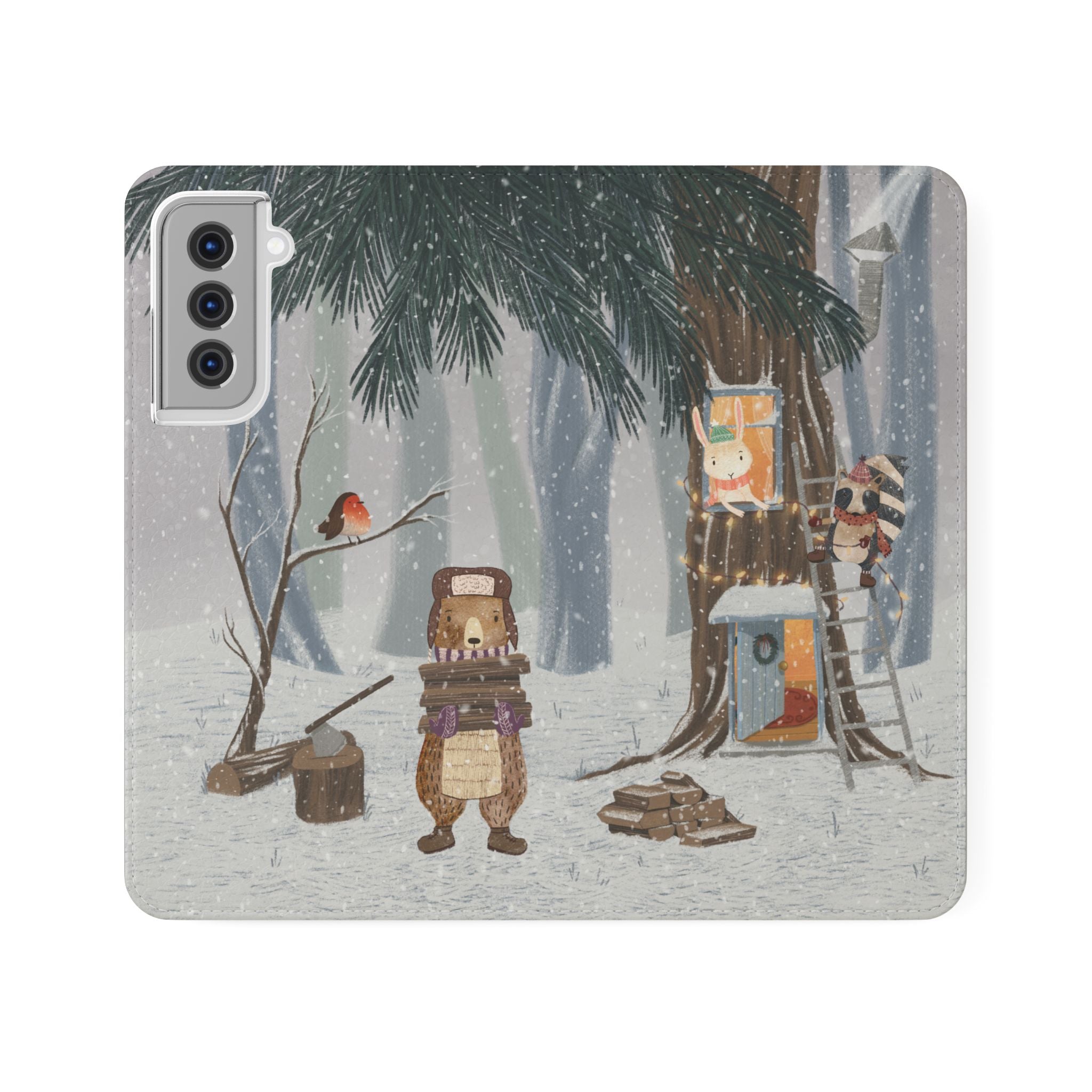 Winter Forest Friends Wallet Case, Woodland Flip Cover, Vegan Leather, Snowy Scene, Cozy Holiday, iPhone 11 12 13 14 15 16, Galaxy S21 S22