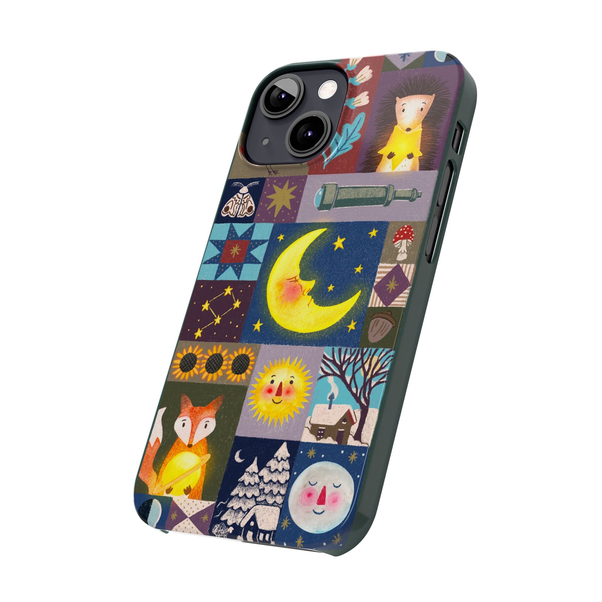 Celestial Quilt iPhone Case, Folk Art Moon Sun Fox Case, Nature Patchwork Cover, Cute Stellar Design, iPhone 7 8 X XR XS 11 12 13 14 15 16