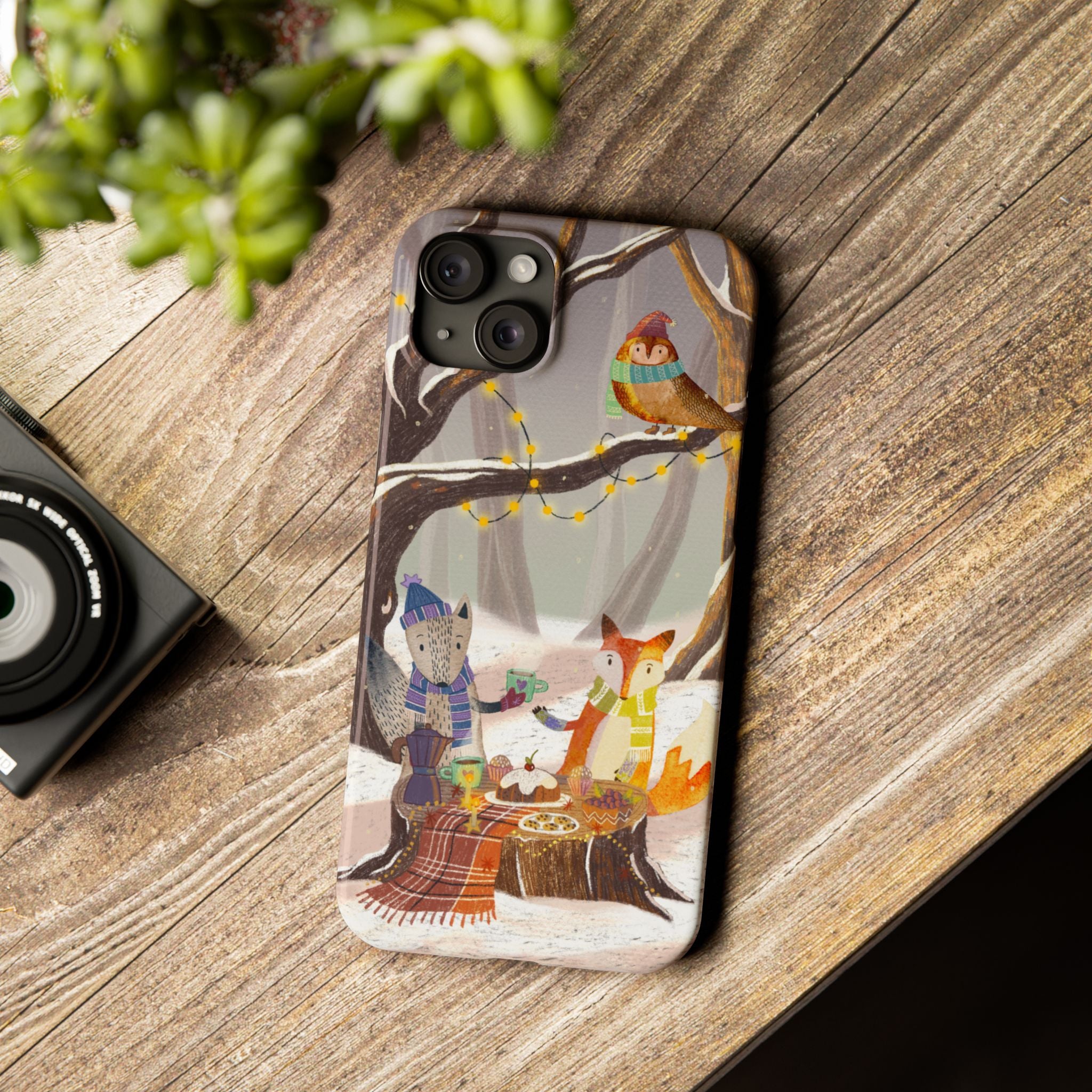 Cozy Winter Animals Slim iPhone Case, Cute Fox & Owl Design, Winter Theme Holiday Gift, Cute Phone Cover Gift, iPhone 16 15 14 13 12 11 X XR
