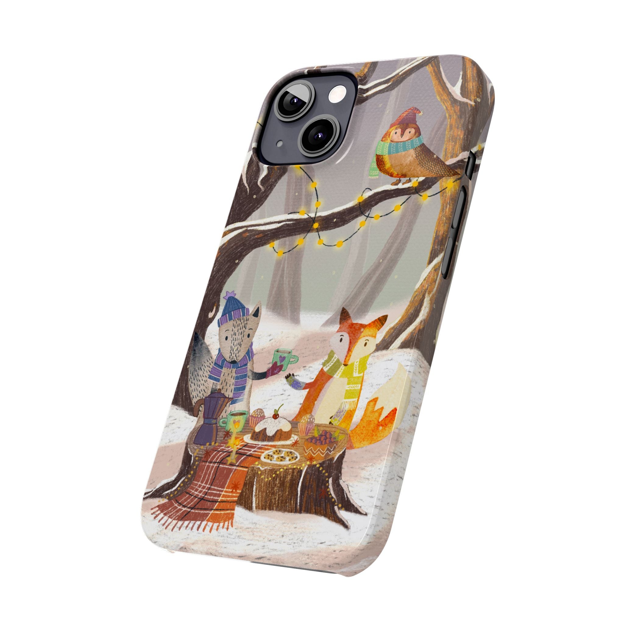 Cozy Winter Animals Slim iPhone Case, Cute Fox & Owl Design, Winter Theme Holiday Gift, Cute Phone Cover Gift, iPhone 16 15 14 13 12 11 X XR