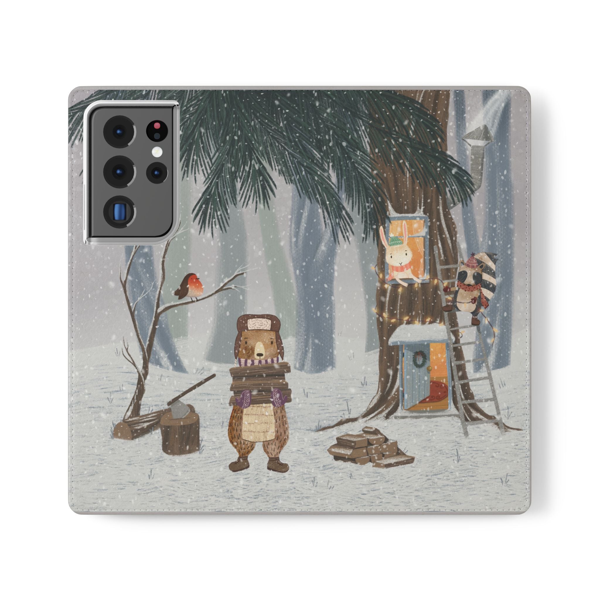Winter Forest Friends Wallet Case, Woodland Flip Cover, Vegan Leather, Snowy Scene, Cozy Holiday, iPhone 11 12 13 14 15 16, Galaxy S21 S22