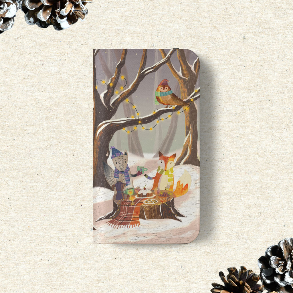Winter Forest Tea Party Wallet Case, Woodland Animals Phone Flip Cover, Vegan Leather Case, iPhone 11 12 13 14 15 16, Galaxy Ultra S21 S22