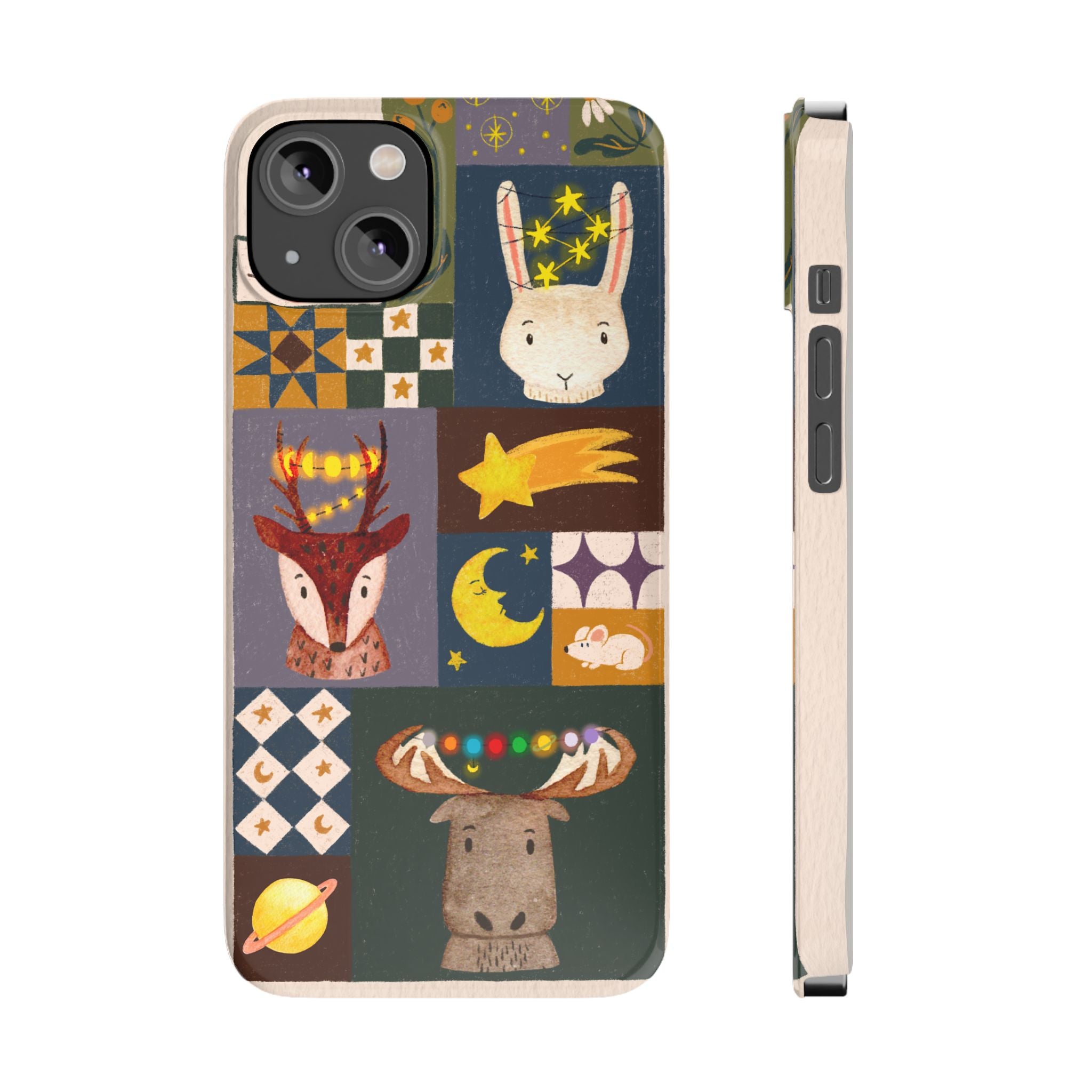 Holiday Night Sky Slim Case, Cute Forest Creatures iPhone Cover, Bunny Deer Moose, iPhone 7 8 X XR XS 11 12 13 14 15 16