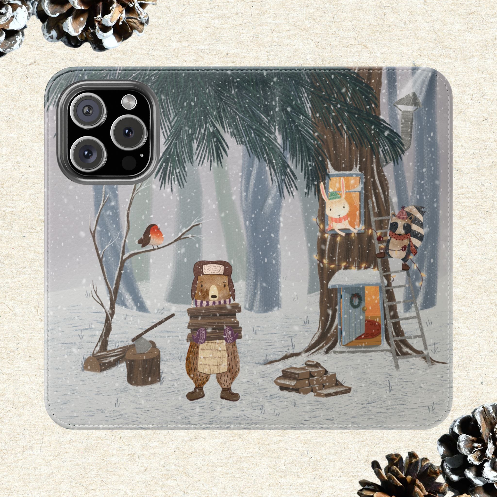 Winter Forest Friends Wallet Case, Woodland Flip Cover, Vegan Leather, Snowy Scene, Cozy Holiday, iPhone 11 12 13 14 15 16, Galaxy S21 S22