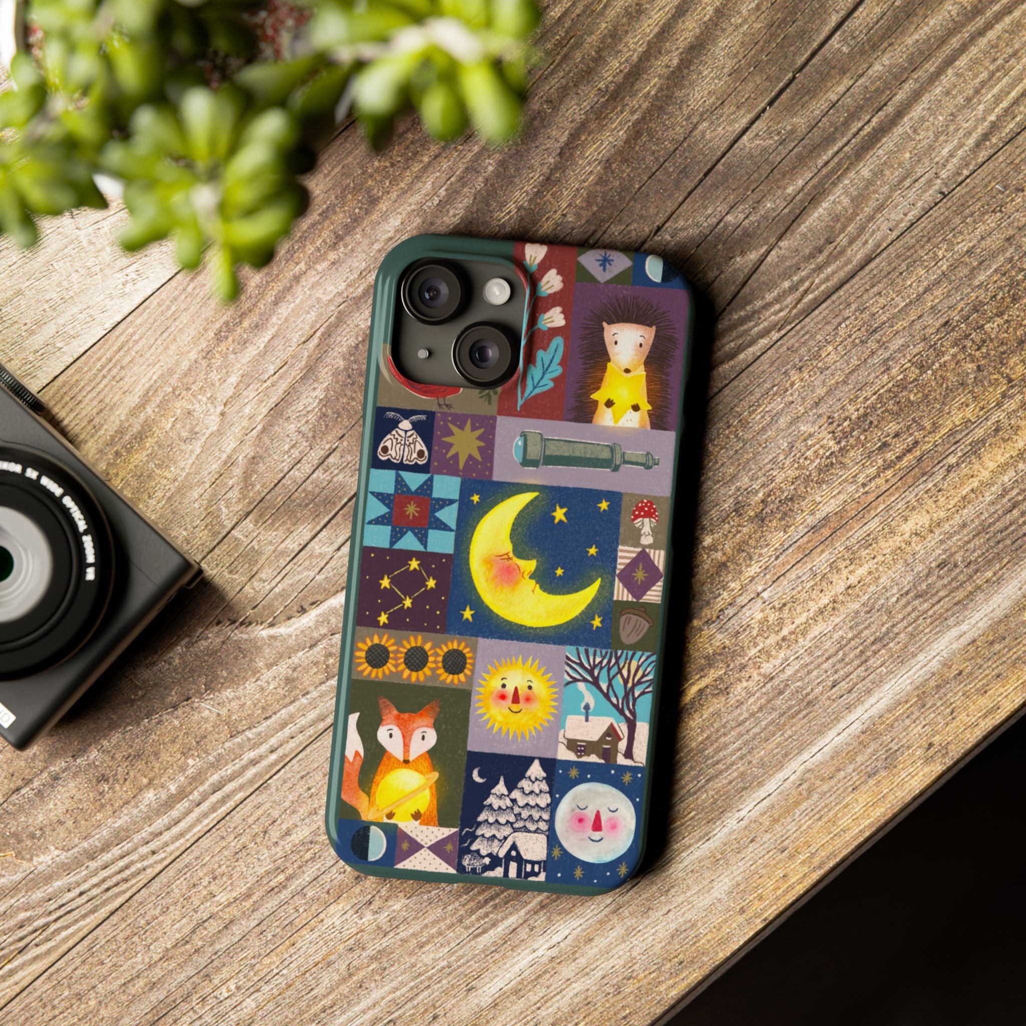 Celestial Quilt iPhone Case, Folk Art Moon Sun Fox Case, Nature Patchwork Cover, Cute Stellar Design, iPhone 7 8 X XR XS 11 12 13 14 15 16