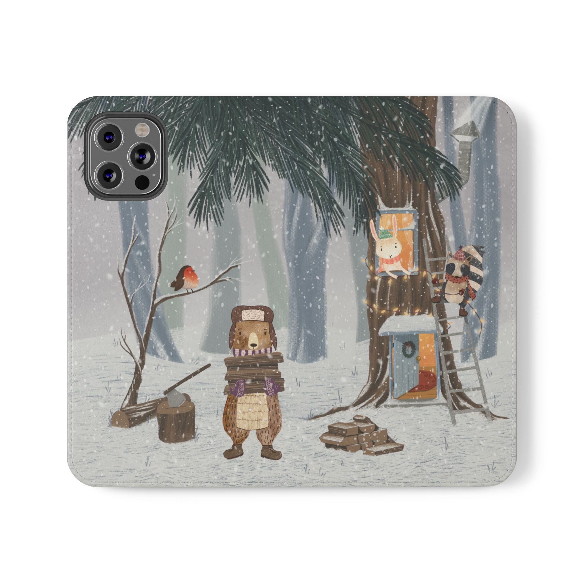 Winter Forest Friends Wallet Case, Woodland Flip Cover, Vegan Leather, Snowy Scene, Cozy Holiday, iPhone 11 12 13 14 15 16, Galaxy S21 S22