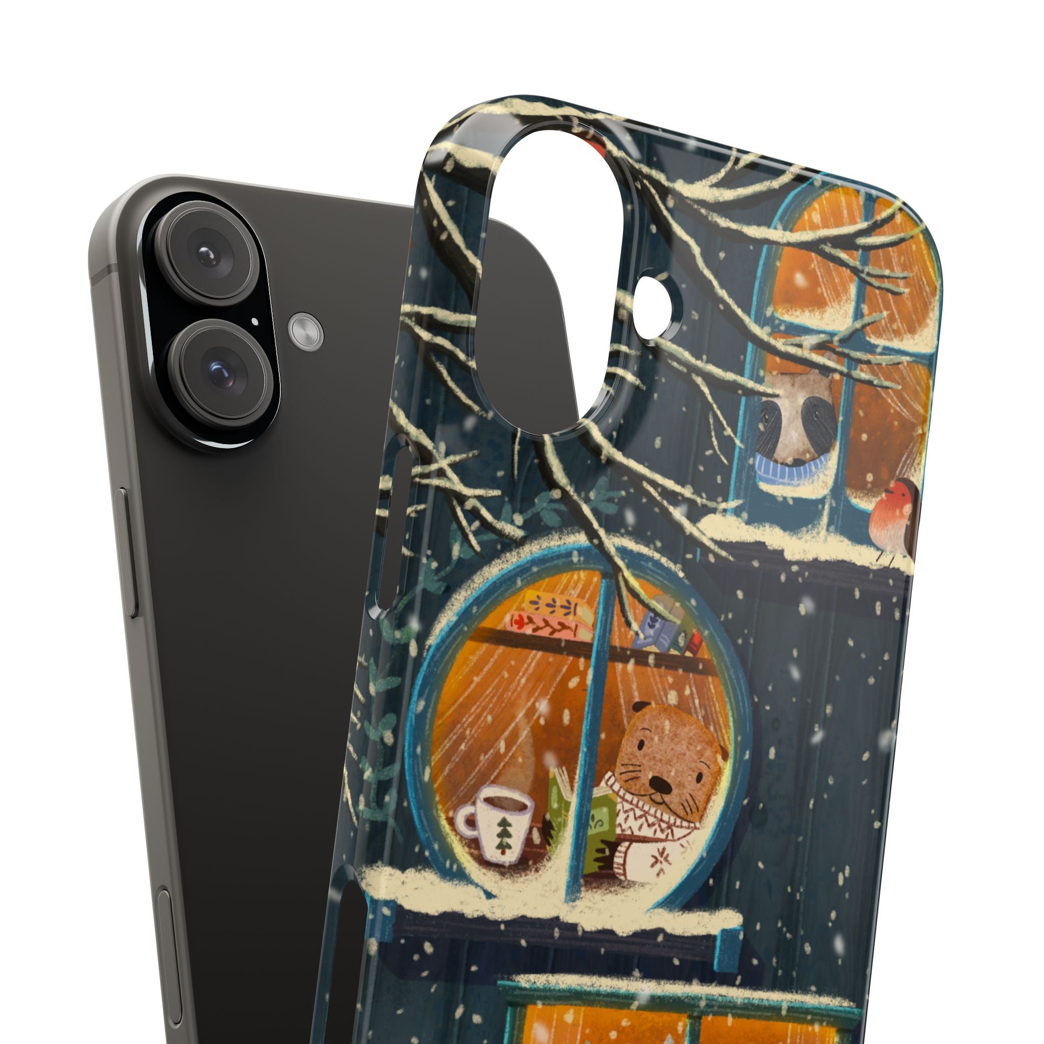 Cute Winter Animals Cozy Home iPhone Case, Woodland Cottage Cover, Treehouse at Night, Raccoon Bear Fox, iPhone 16 15 14 13 12 11 X XR 8 7