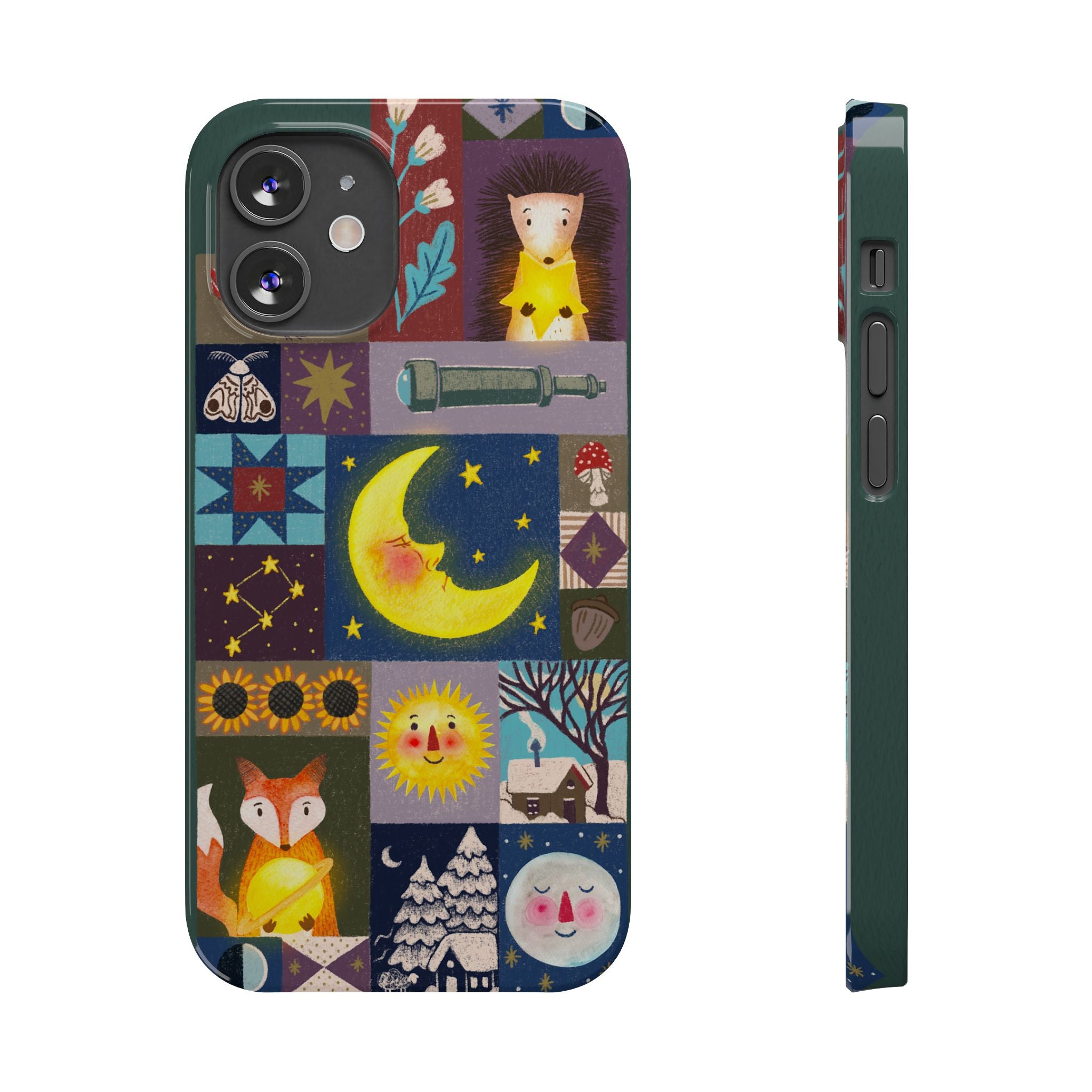 Celestial Quilt iPhone Case, Folk Art Moon Sun Fox Case, Nature Patchwork Cover, Cute Stellar Design, iPhone 7 8 X XR XS 11 12 13 14 15 16