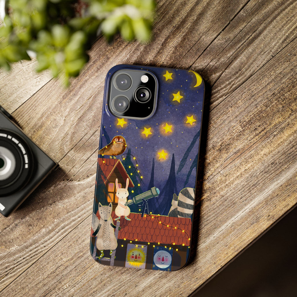 Stargazing Animals Slim iPhone Case, Night Sky Observatory Cover, Cute Forest Gift, Starry Night Gift, iPhone 16 15 14 13 12 11 X XR XS 8 7