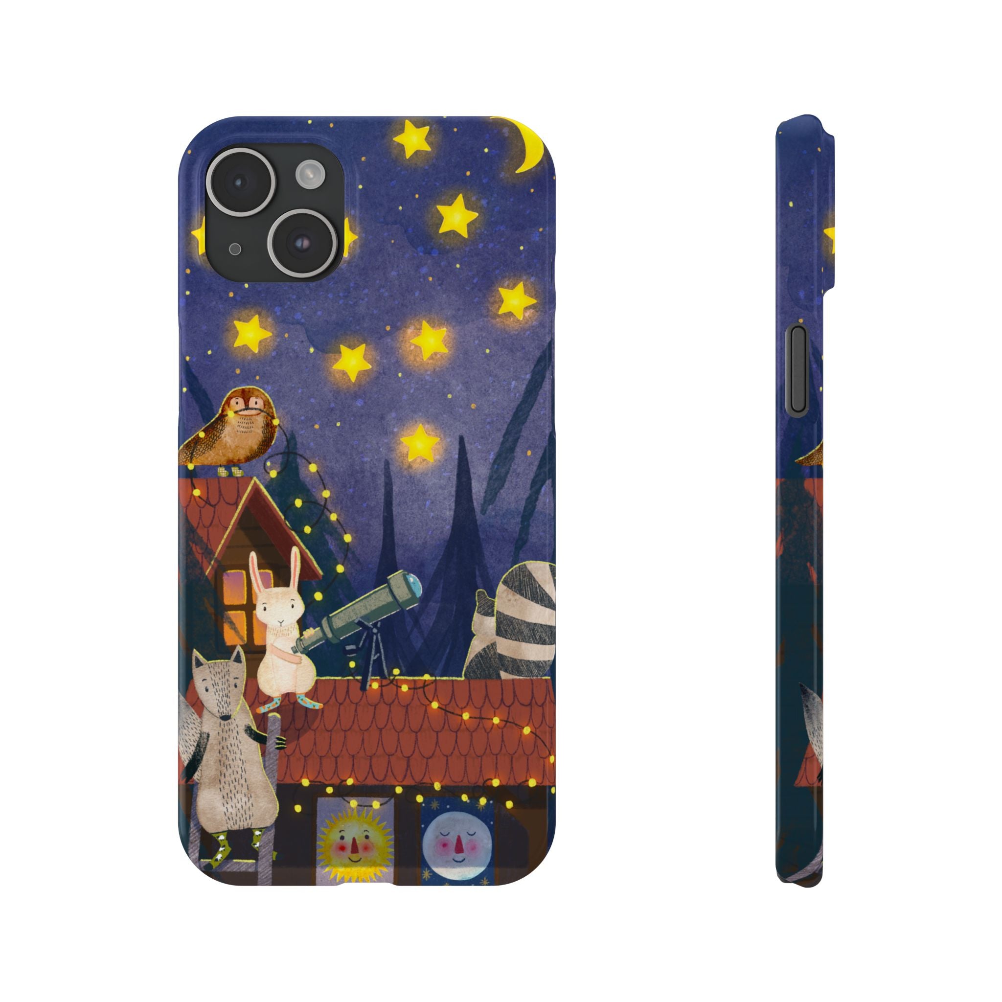 Stargazing Animals Slim iPhone Case, Night Sky Observatory Cover, Cute Forest Gift, Starry Night Gift, iPhone 16 15 14 13 12 11 X XR XS 8 7