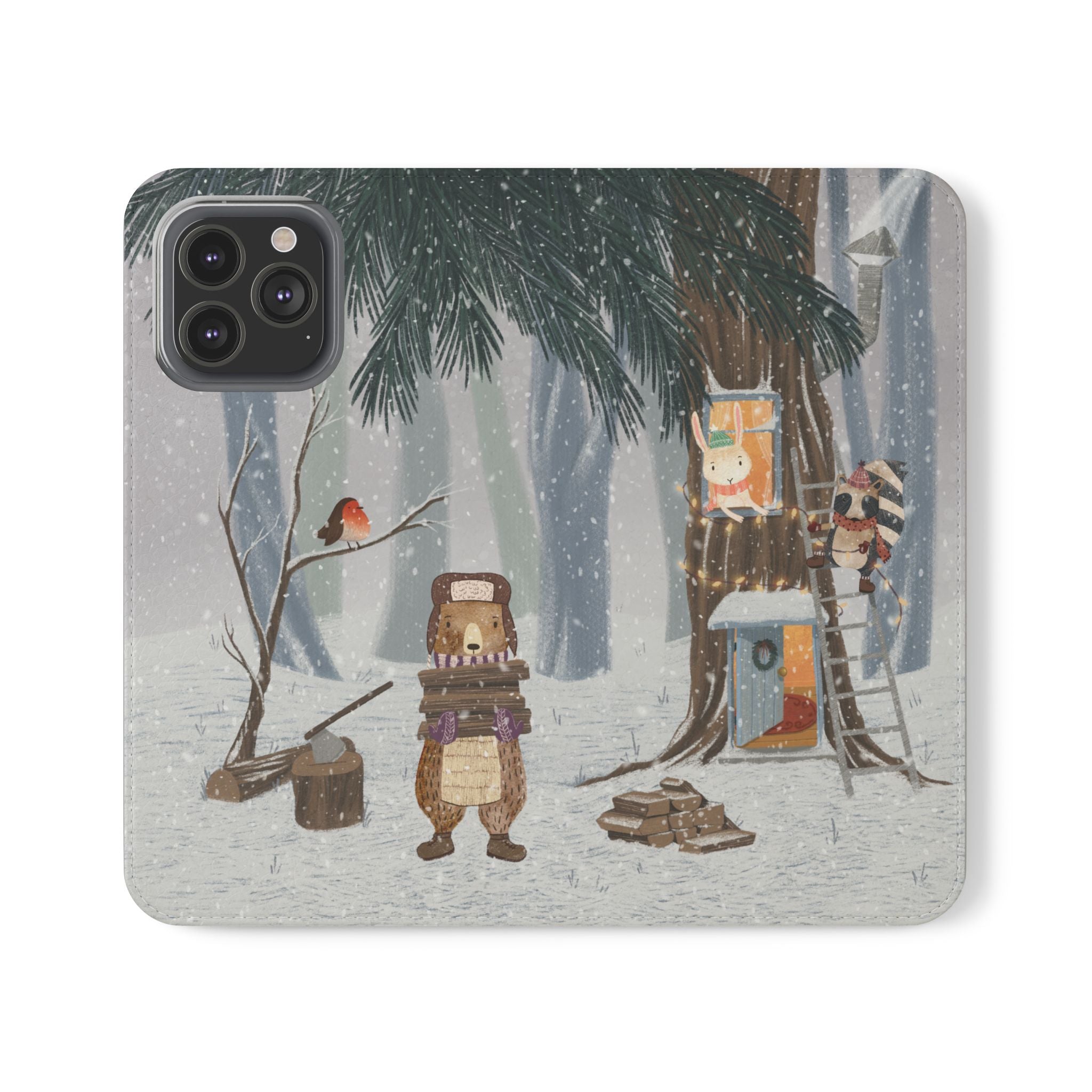 Winter Forest Friends Wallet Case, Woodland Flip Cover, Vegan Leather, Snowy Scene, Cozy Holiday, iPhone 11 12 13 14 15 16, Galaxy S21 S22
