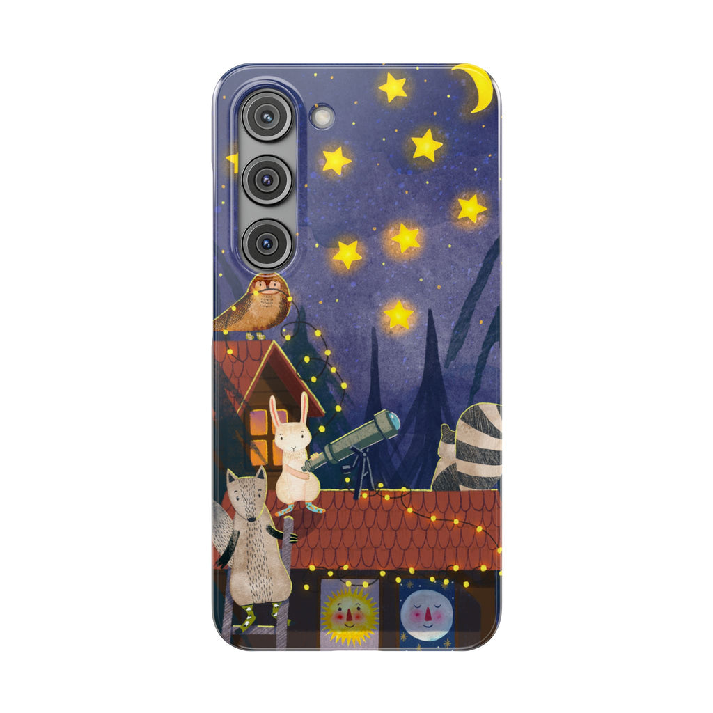 Stargazing Animals Slim iPhone Case, Night Sky Observatory Cover, Cute Forest Gift, Starry Night Gift, iPhone 16 15 14 13 12 11 X XR XS 8 7