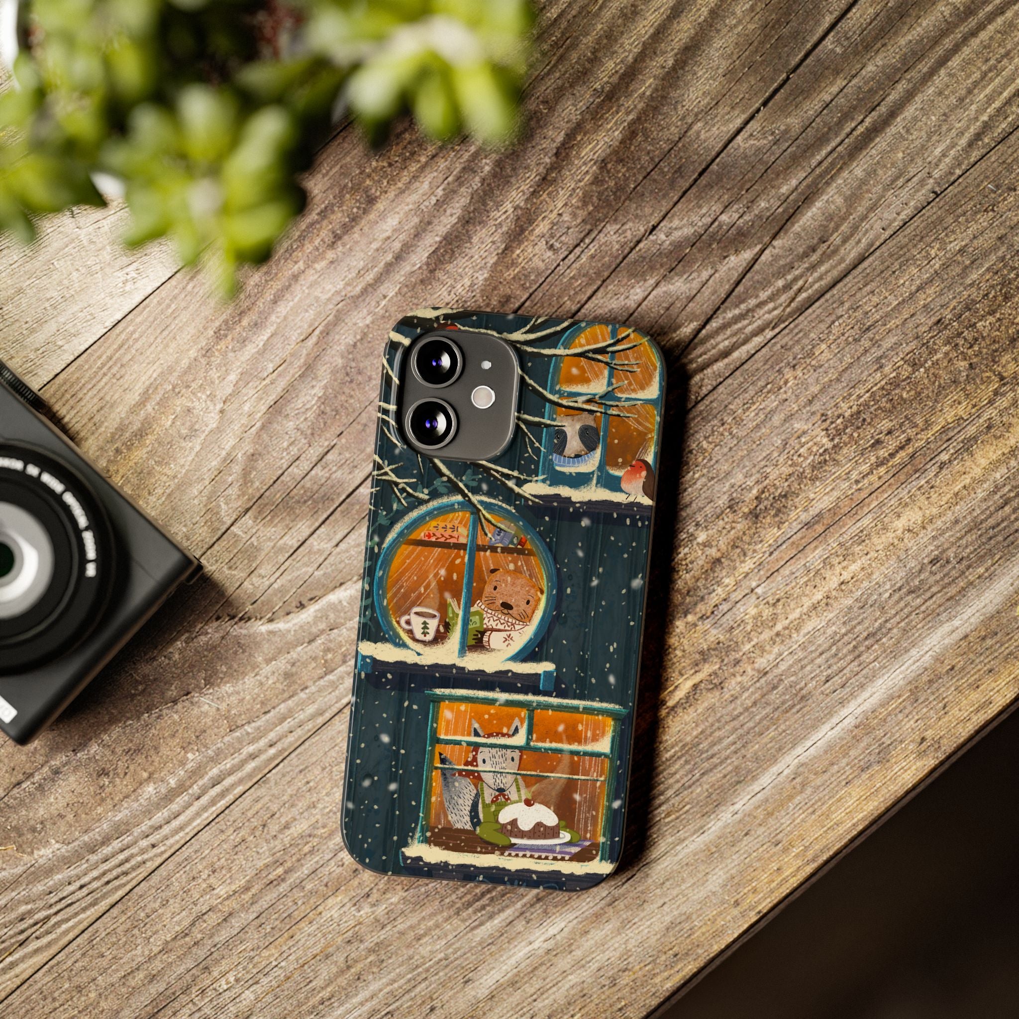 Cute Winter Animals Cozy Home iPhone Case, Woodland Cottage Cover, Treehouse at Night, Raccoon Bear Fox, iPhone 16 15 14 13 12 11 X XR 8 7