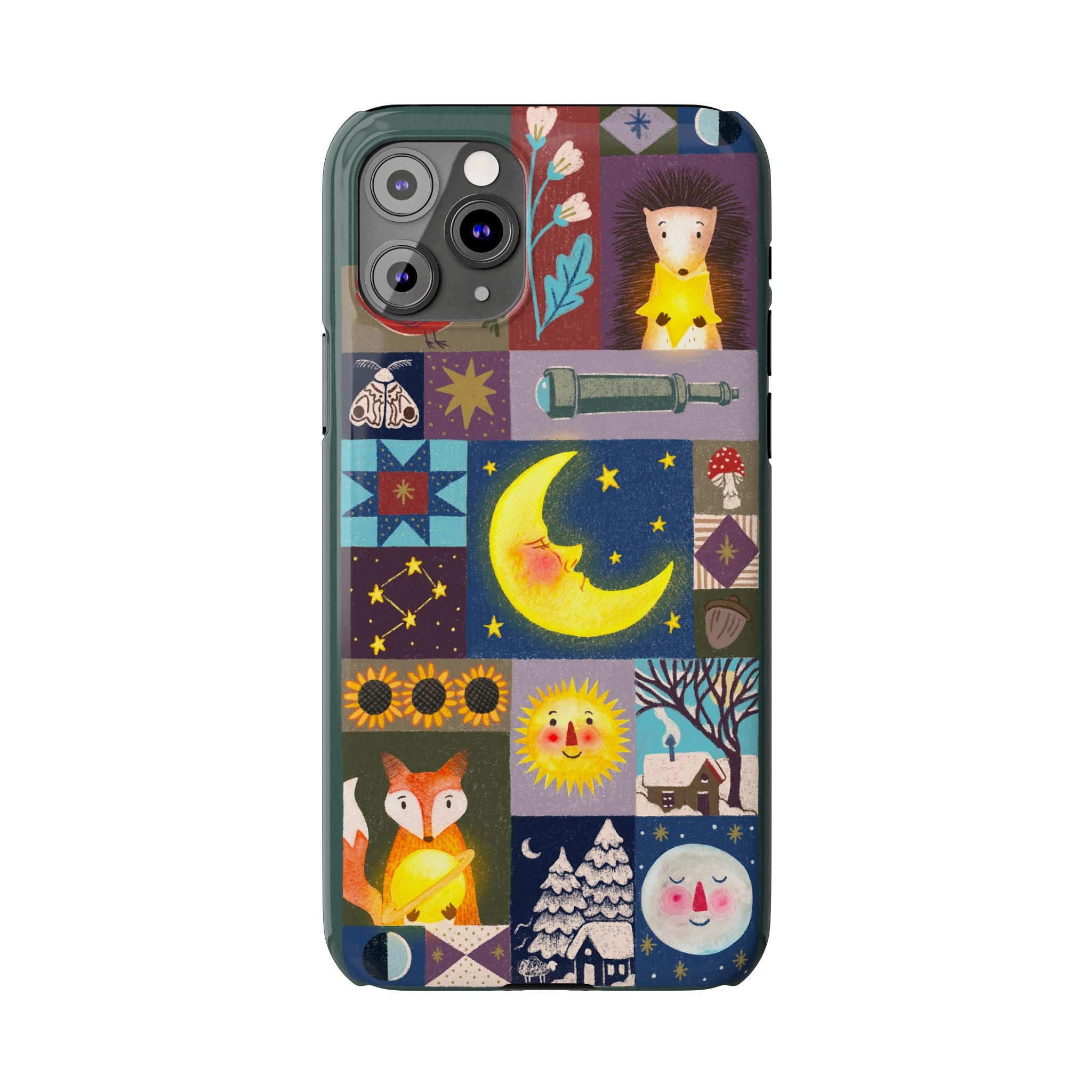 Celestial Quilt iPhone Case, Folk Art Moon Sun Fox Case, Nature Patchwork Cover, Cute Stellar Design, iPhone 7 8 X XR XS 11 12 13 14 15 16