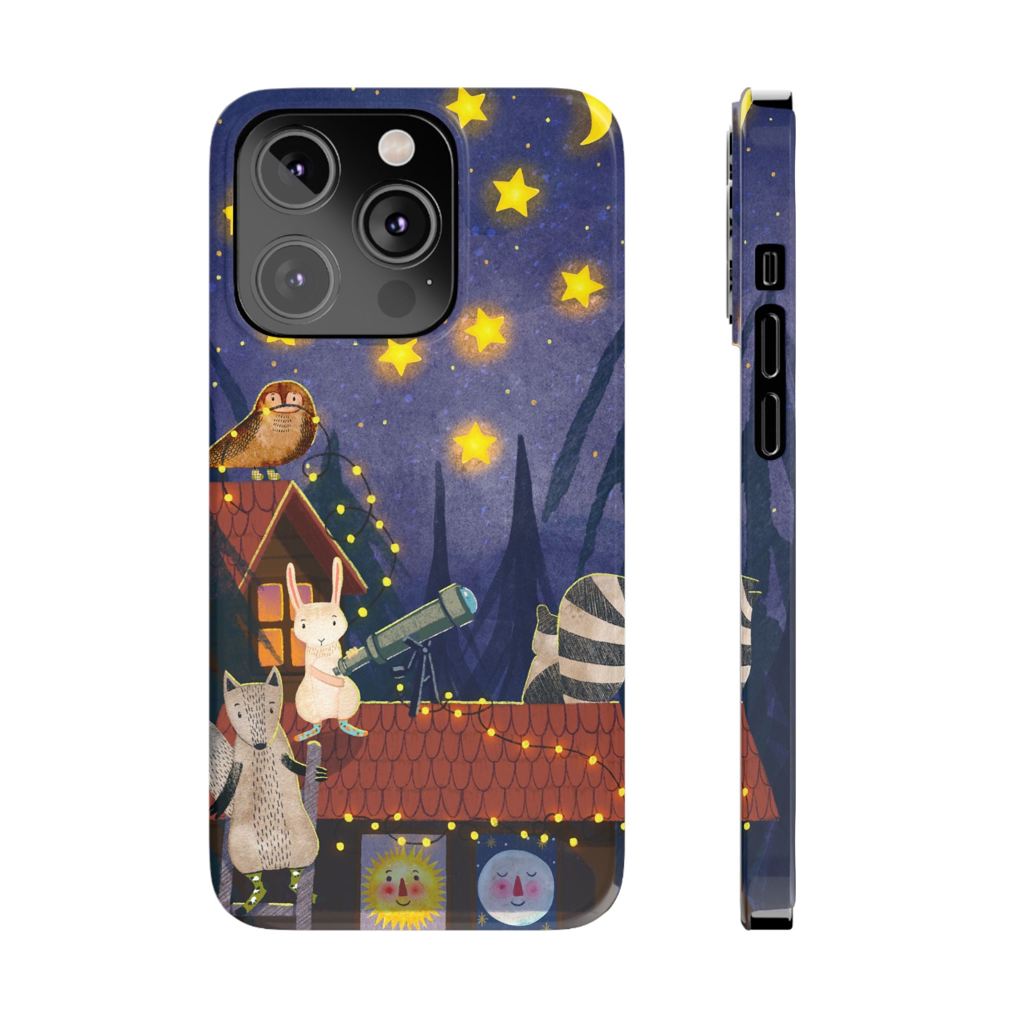 Stargazing Animals Slim iPhone Case, Night Sky Observatory Cover, Cute Forest Gift, Starry Night Gift, iPhone 16 15 14 13 12 11 X XR XS 8 7