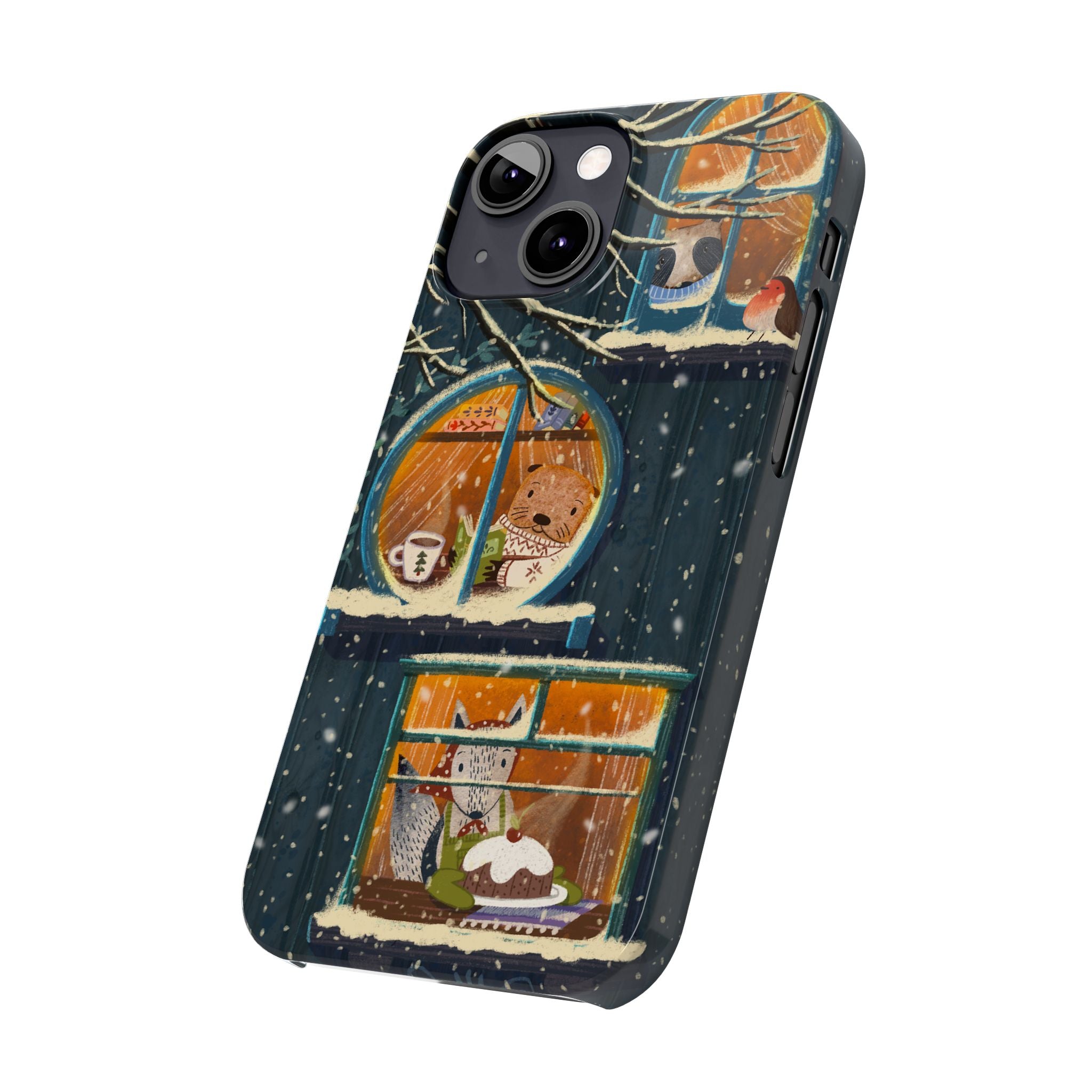 Cute Winter Animals Cozy Home iPhone Case, Woodland Cottage Cover, Treehouse at Night, Raccoon Bear Fox, iPhone 16 15 14 13 12 11 X XR 8 7
