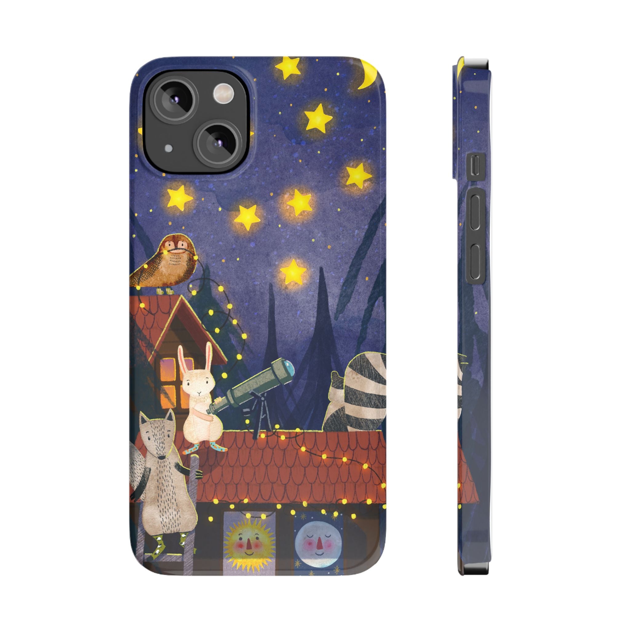 Stargazing Animals Slim iPhone Case, Night Sky Observatory Cover, Cute Forest Gift, Starry Night Gift, iPhone 16 15 14 13 12 11 X XR XS 8 7