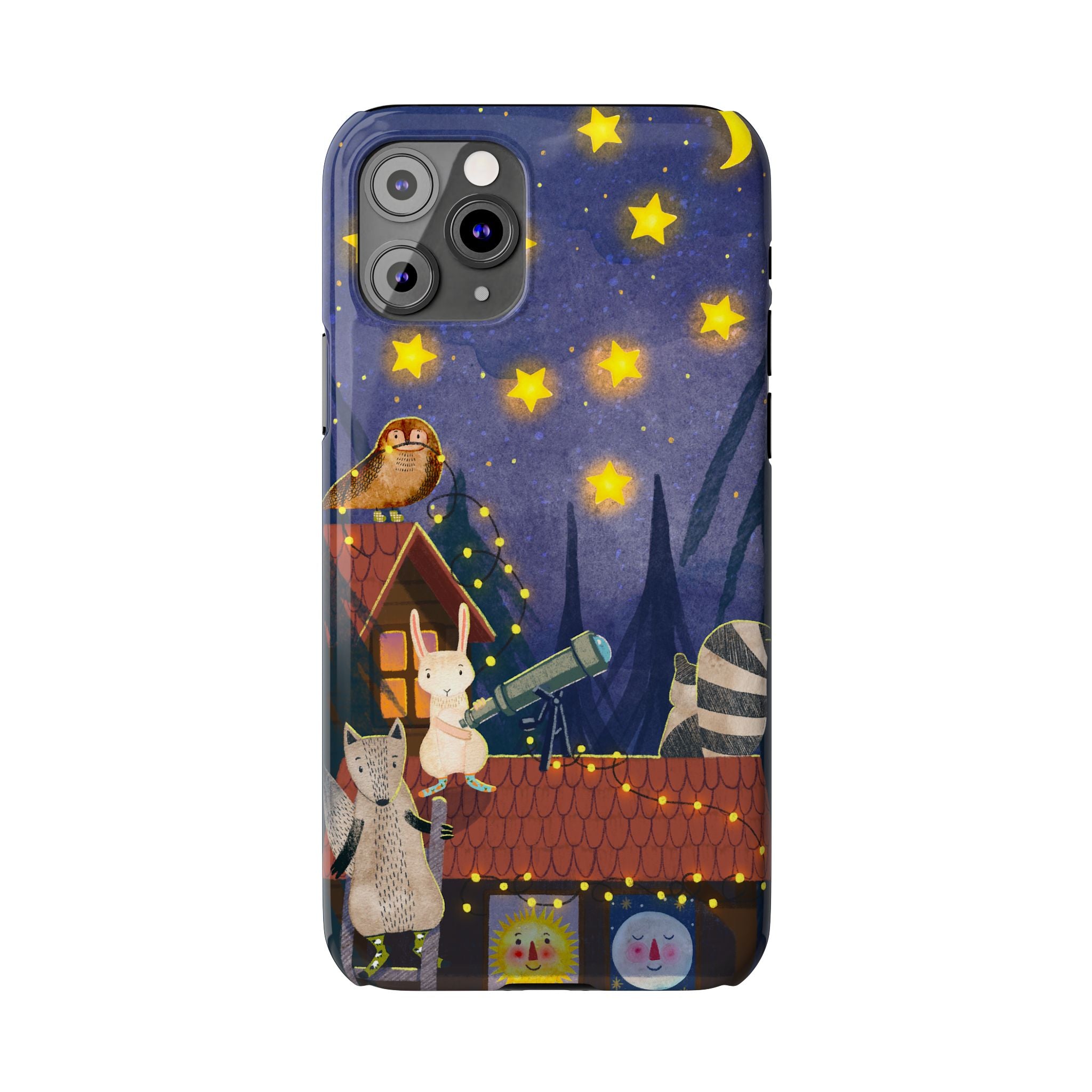 Stargazing Animals Slim iPhone Case, Night Sky Observatory Cover, Cute Forest Gift, Starry Night Gift, iPhone 16 15 14 13 12 11 X XR XS 8 7