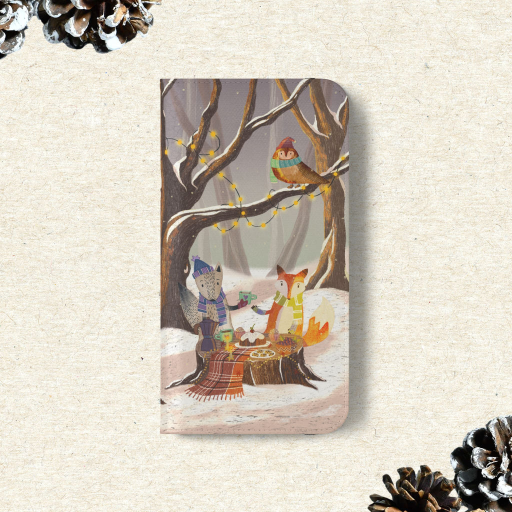 Winter Forest Tea Party Wallet Case, Woodland Animals Phone Flip Cover, Vegan Leather Case, iPhone 11 12 13 14 15 16, Galaxy Ultra S21 S22