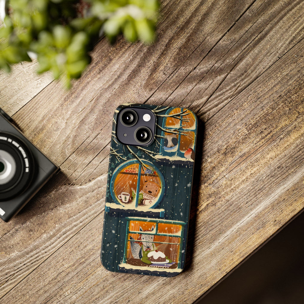 Cute Winter Animals Cozy Home iPhone Case, Woodland Cottage Cover, Treehouse at Night, Raccoon Bear Fox, iPhone 16 15 14 13 12 11 X XR 8 7
