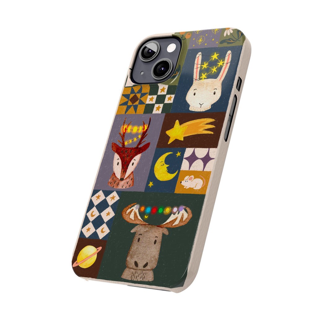 Holiday Night Sky Slim Case, Cute Forest Creatures iPhone Cover, Bunny Deer Moose, iPhone 7 8 X XR XS 11 12 13 14 15 16