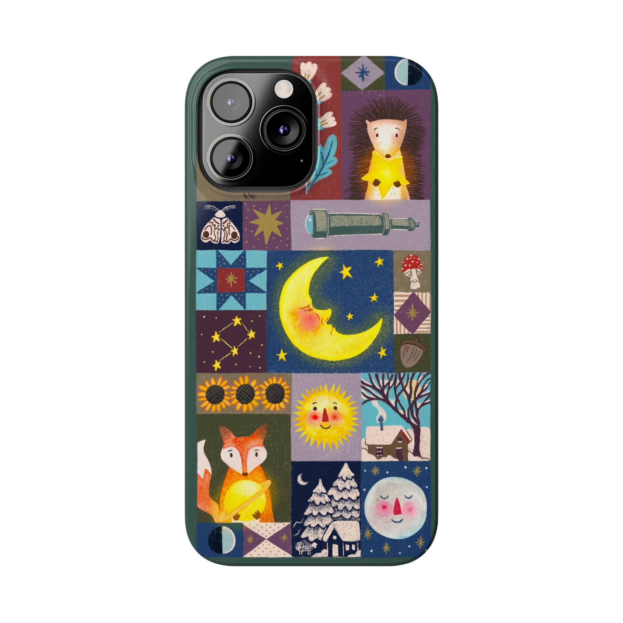 Celestial Quilt iPhone Case, Folk Art Moon Sun Fox Case, Nature Patchwork Cover, Cute Stellar Design, iPhone 7 8 X XR XS 11 12 13 14 15 16