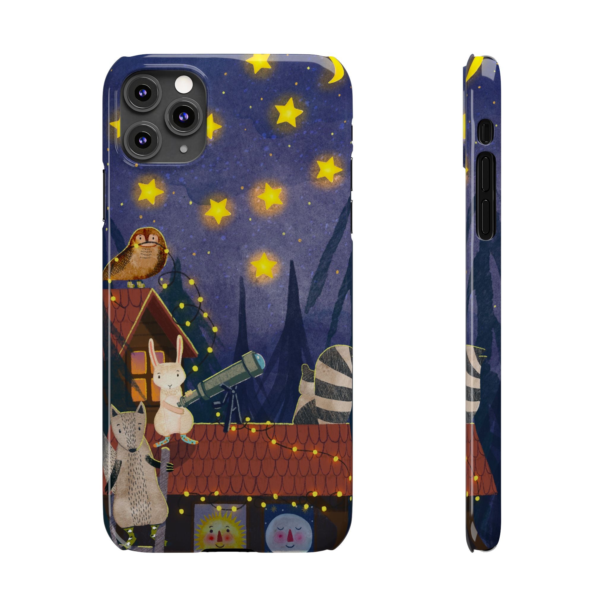 Stargazing Animals Slim iPhone Case, Night Sky Observatory Cover, Cute Forest Gift, Starry Night Gift, iPhone 16 15 14 13 12 11 X XR XS 8 7