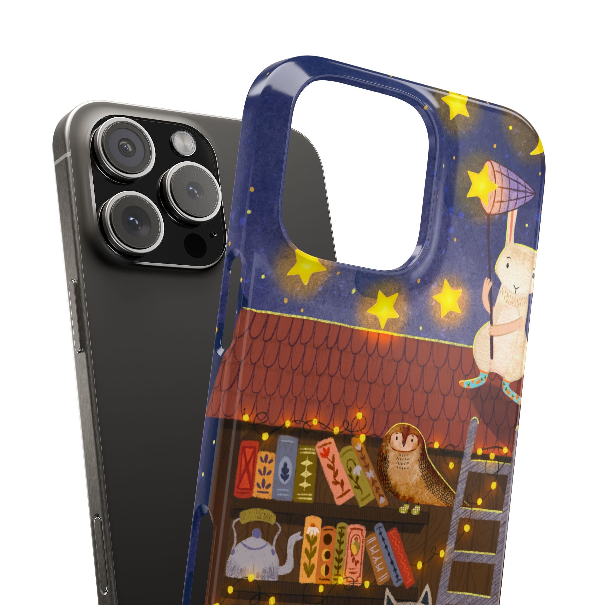 Starlit Library Phone Case, Woodland Animals iPhone Case, Cozy Night Scene Cover, Cute Animals Case Gift, iPhone 7 8 X XR 11 12 13 14 15 16