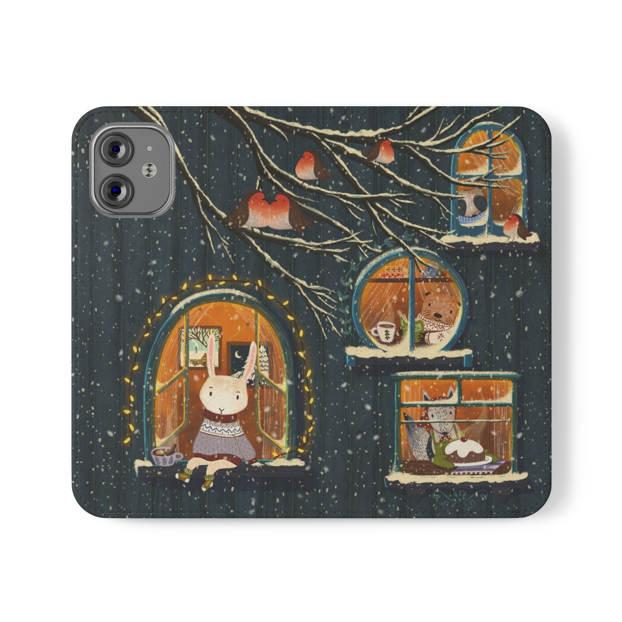 Cozy Winter Cottage Wallet Case, Cute Animals Flip Cover, Vegan Leather, Cozy Vibes, Gift Idea for iPhone 11 12 13 14 15 16, Galaxy S21 S22