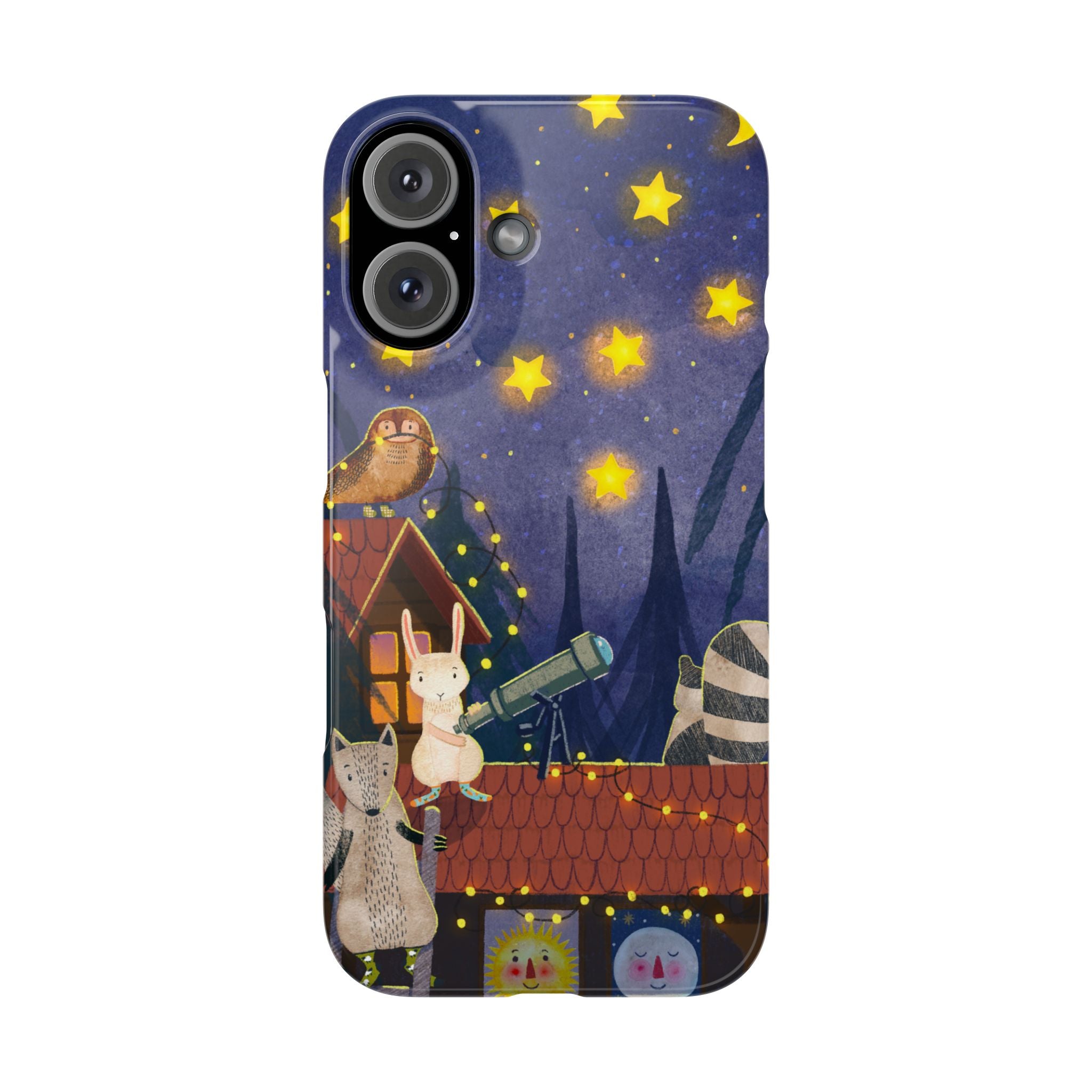 Stargazing Animals Slim iPhone Case, Night Sky Observatory Cover, Cute Forest Gift, Starry Night Gift, iPhone 16 15 14 13 12 11 X XR XS 8 7