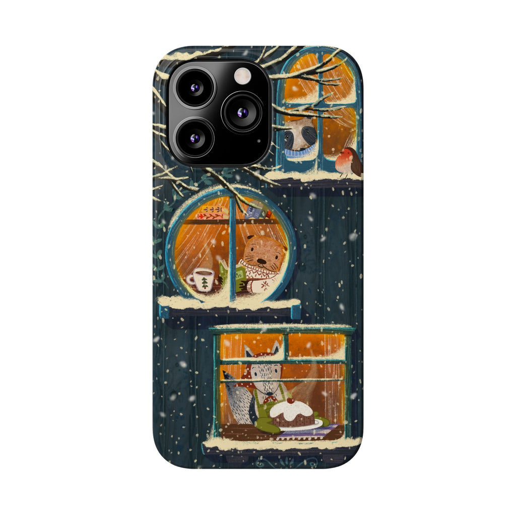 Cute Winter Animals Cozy Home iPhone Case, Woodland Cottage Cover, Treehouse at Night, Raccoon Bear Fox, iPhone 16 15 14 13 12 11 X XR 8 7