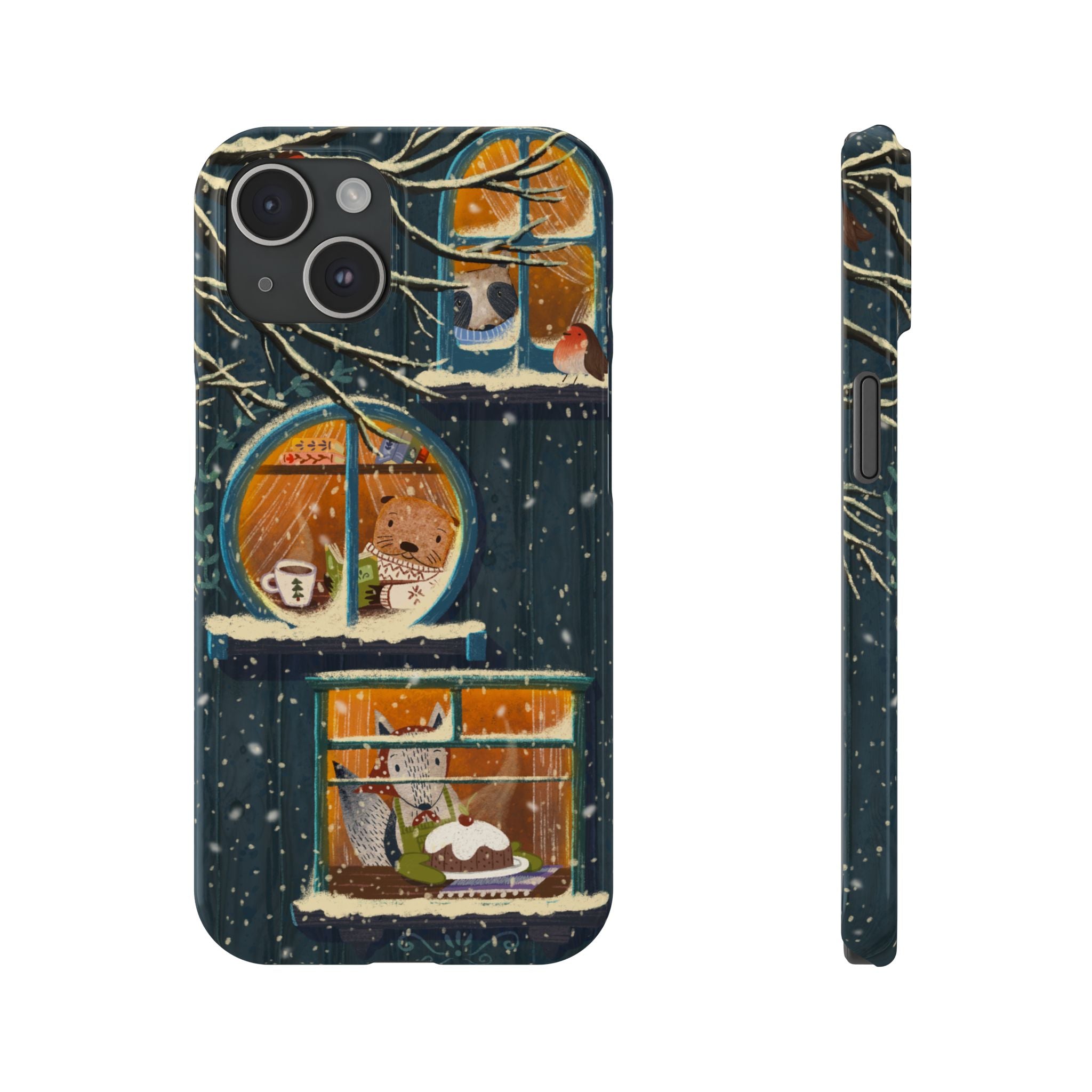 Cute Winter Animals Cozy Home iPhone Case, Woodland Cottage Cover, Treehouse at Night, Raccoon Bear Fox, iPhone 16 15 14 13 12 11 X XR 8 7