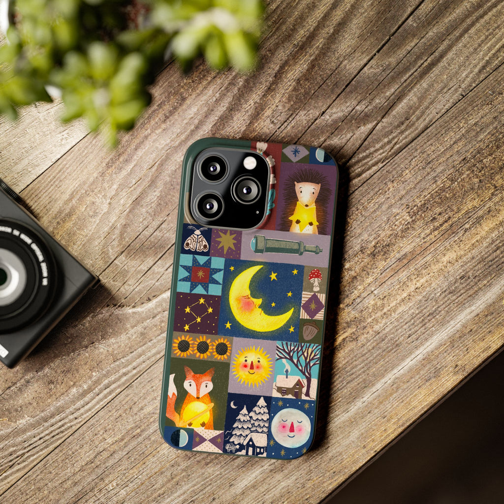 Celestial Quilt iPhone Case, Folk Art Moon Sun Fox Case, Nature Patchwork Cover, Cute Stellar Design, iPhone 7 8 X XR XS 11 12 13 14 15 16