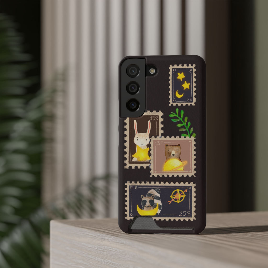 Animal Phone Case with Card Holder - Cute Raccoon, Bear & Bunny Design for iPhone 13 Samsung Galaxy S21/S22 - Pet Lovers Night Sky Style