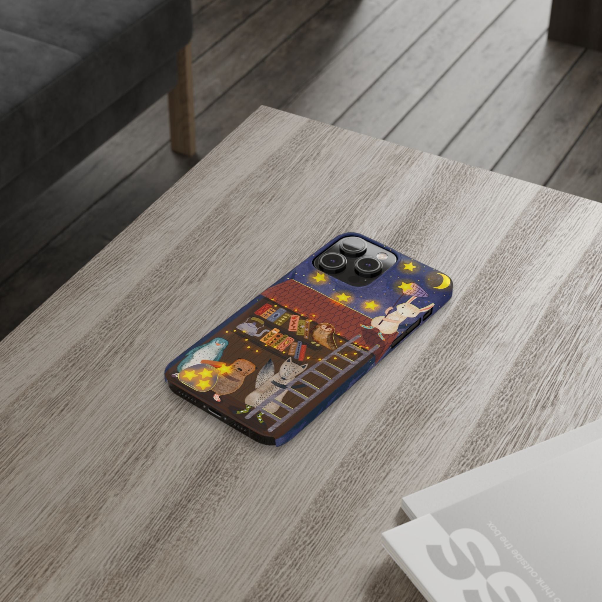 Starlit Library Phone Case, Woodland Animals iPhone Case, Cozy Night Scene Cover, Cute Animals Case Gift, iPhone 7 8 X XR 11 12 13 14 15 16